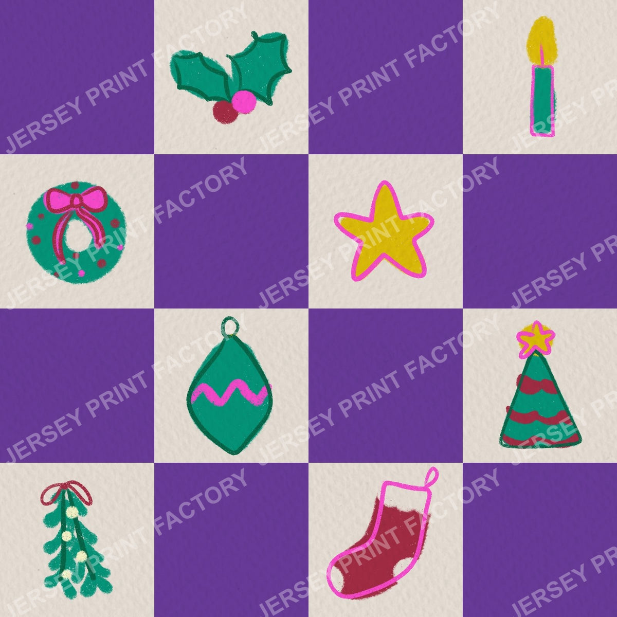 Christmas Checkerboard with Festive Doodles in Bright Purple