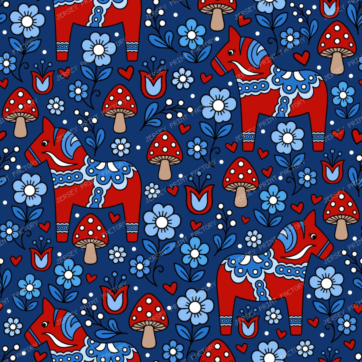 Dala Horse Swedish Scandinavian Floral Red Blue Navy