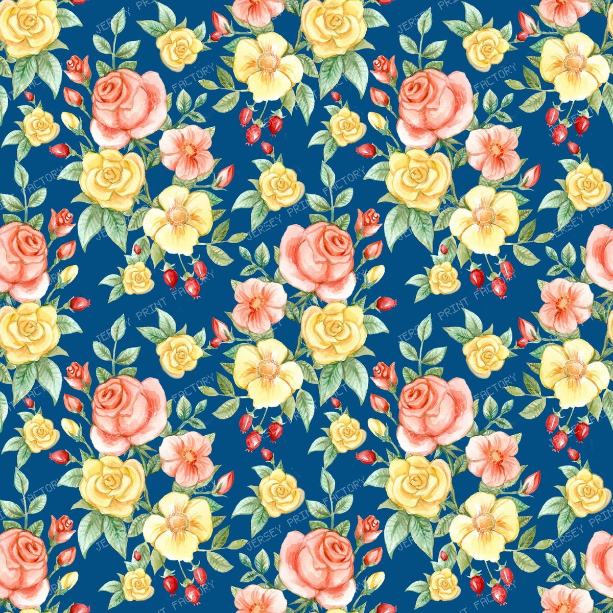 Orange Roses, Yellow Roses, Floral Pattern, Rosebud, Leaves — Navy Blue