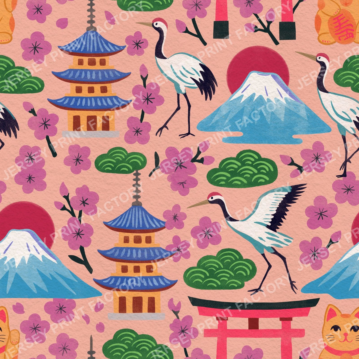 Bright Springtime Japan, Maximalist Hand Drawn on Peach