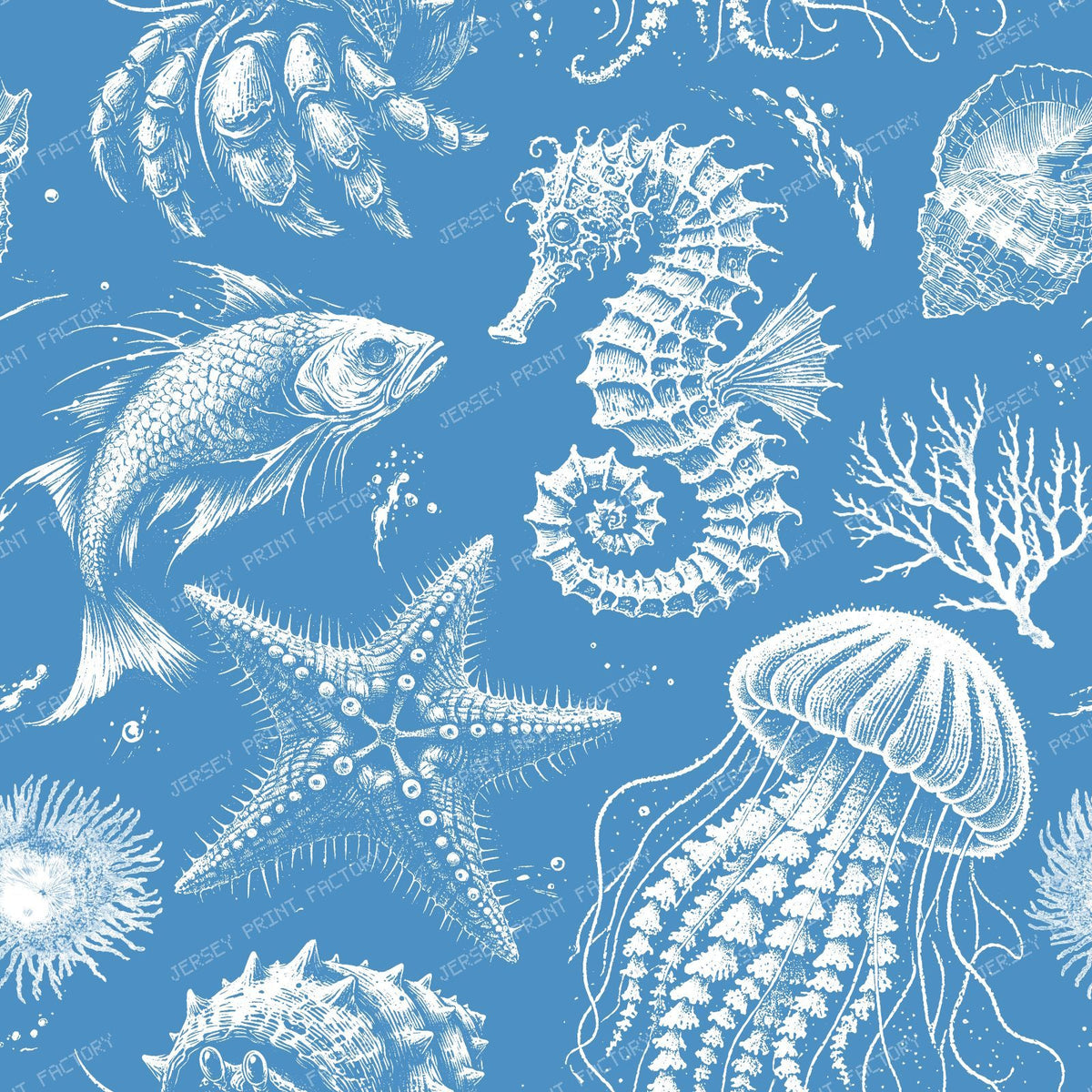 Sea Creatures Bold Cottagecore Coastal Monochromatic Blue Pattern