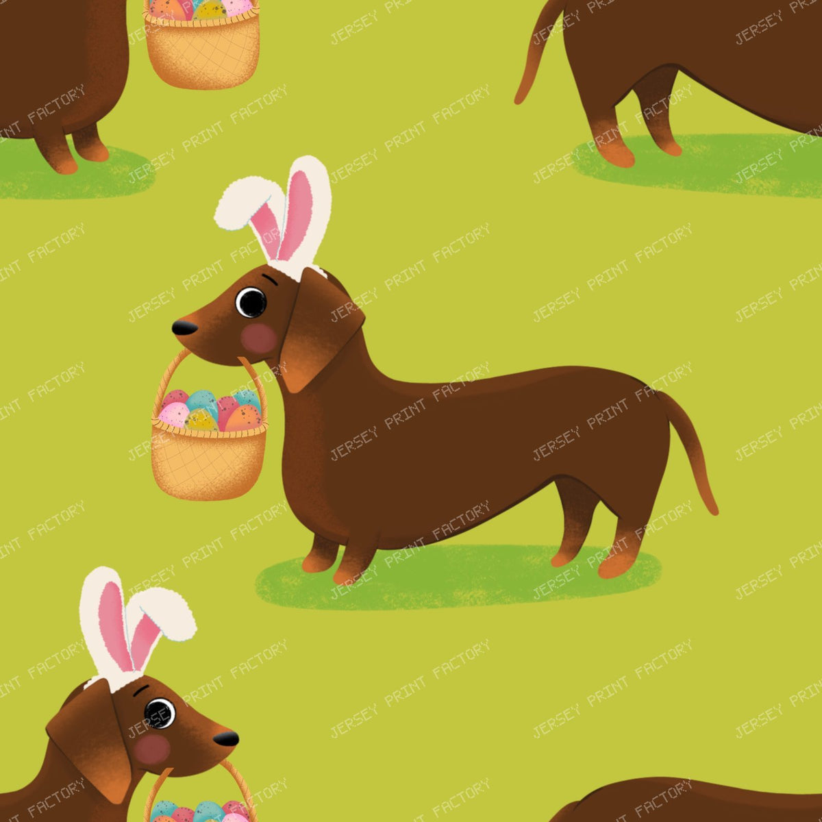 Easter Sausage dog bunny, dachshund with easter basket - Purple — Chartreuse Light Spring Green
