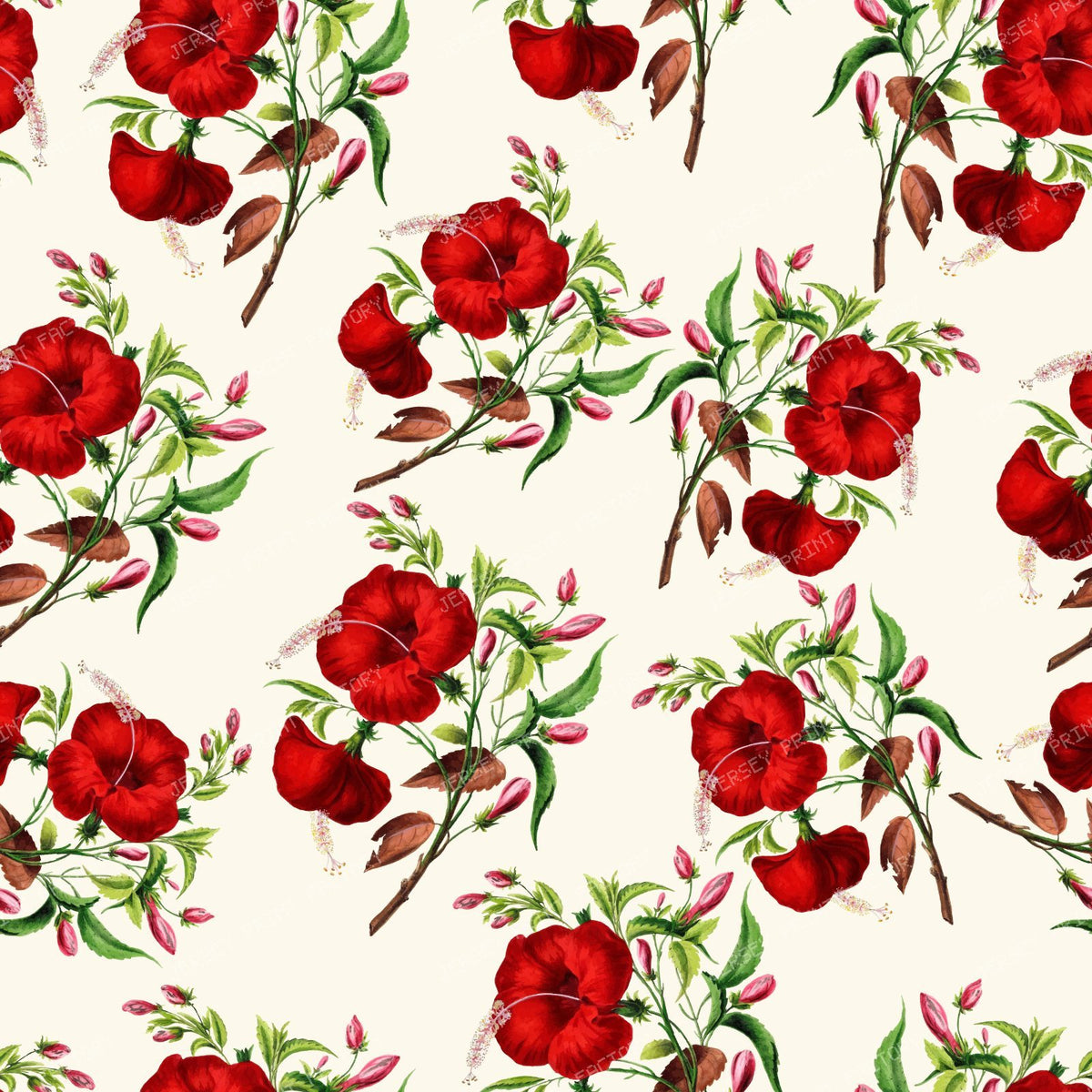 Red Hibiscus, Red Flowers, Floral Pattern, Greenery — Beige