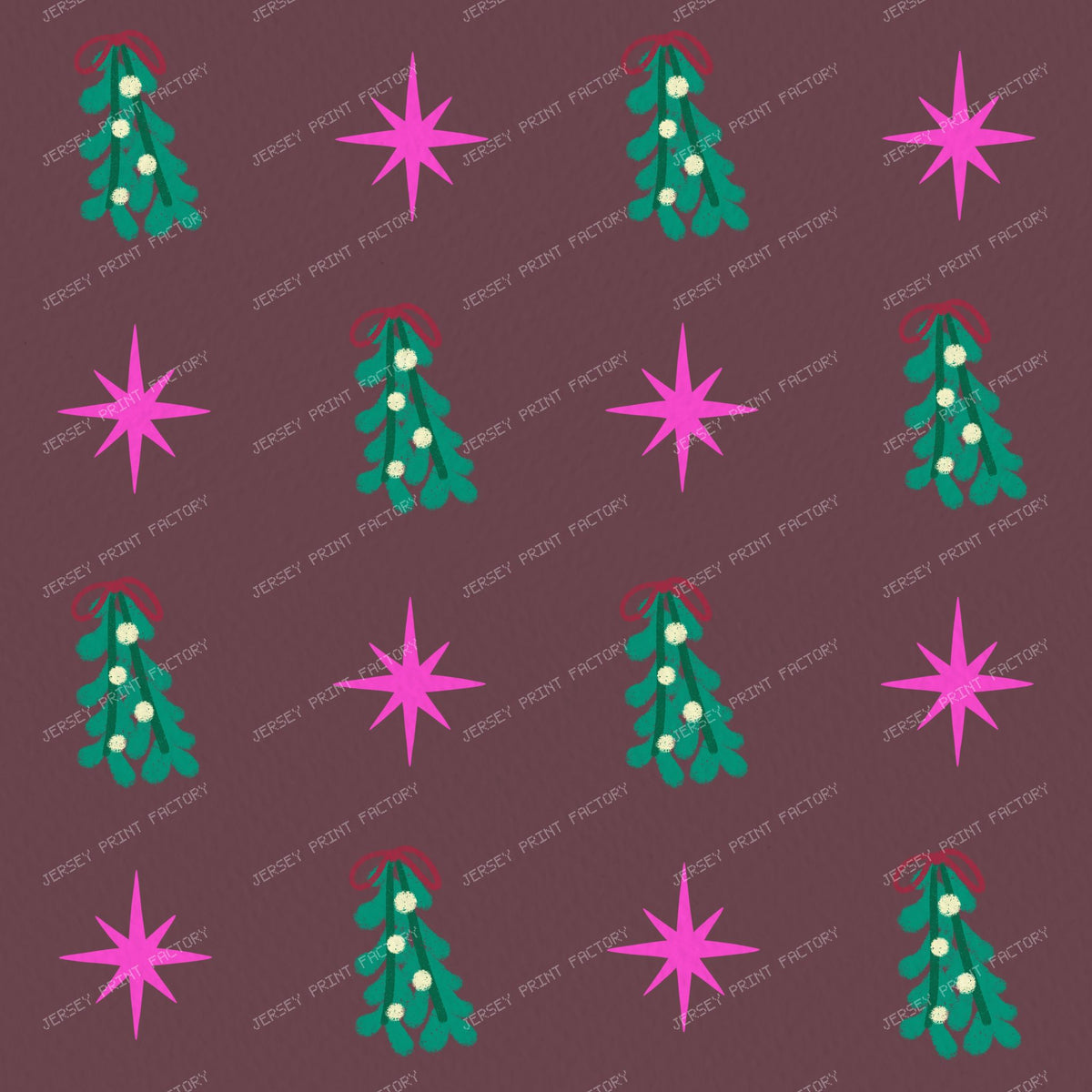 Whimsical Winter Mistletoe and Pink Stars on Purple — Muted red