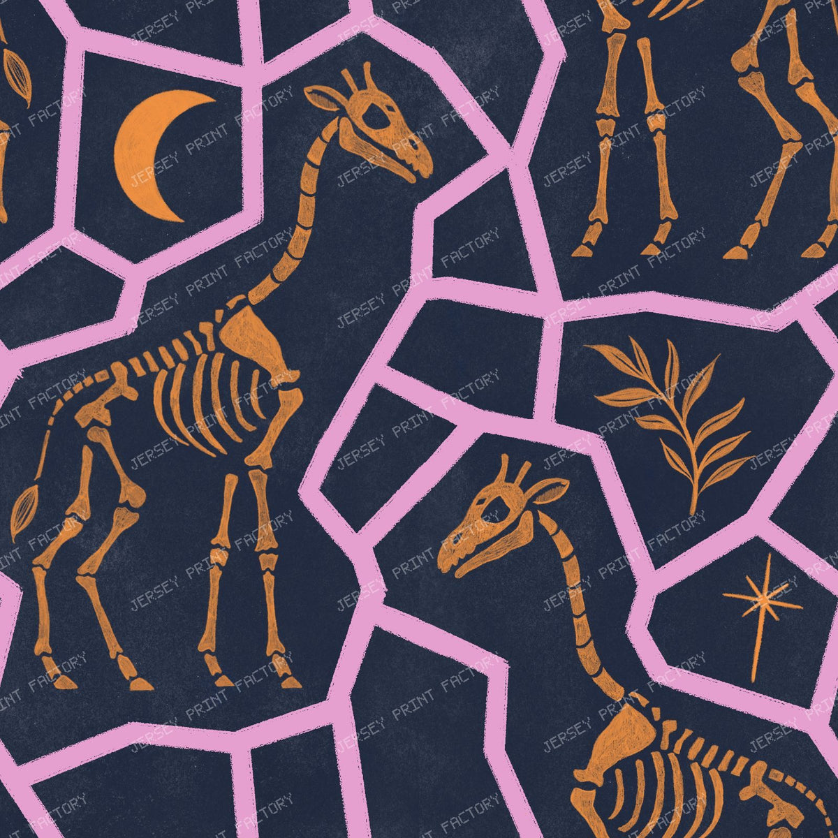 Giraffe Skeleton Animal Print - Dark Fossil Animal Print with Moon and Star 2 — Orange and Pastel Pink