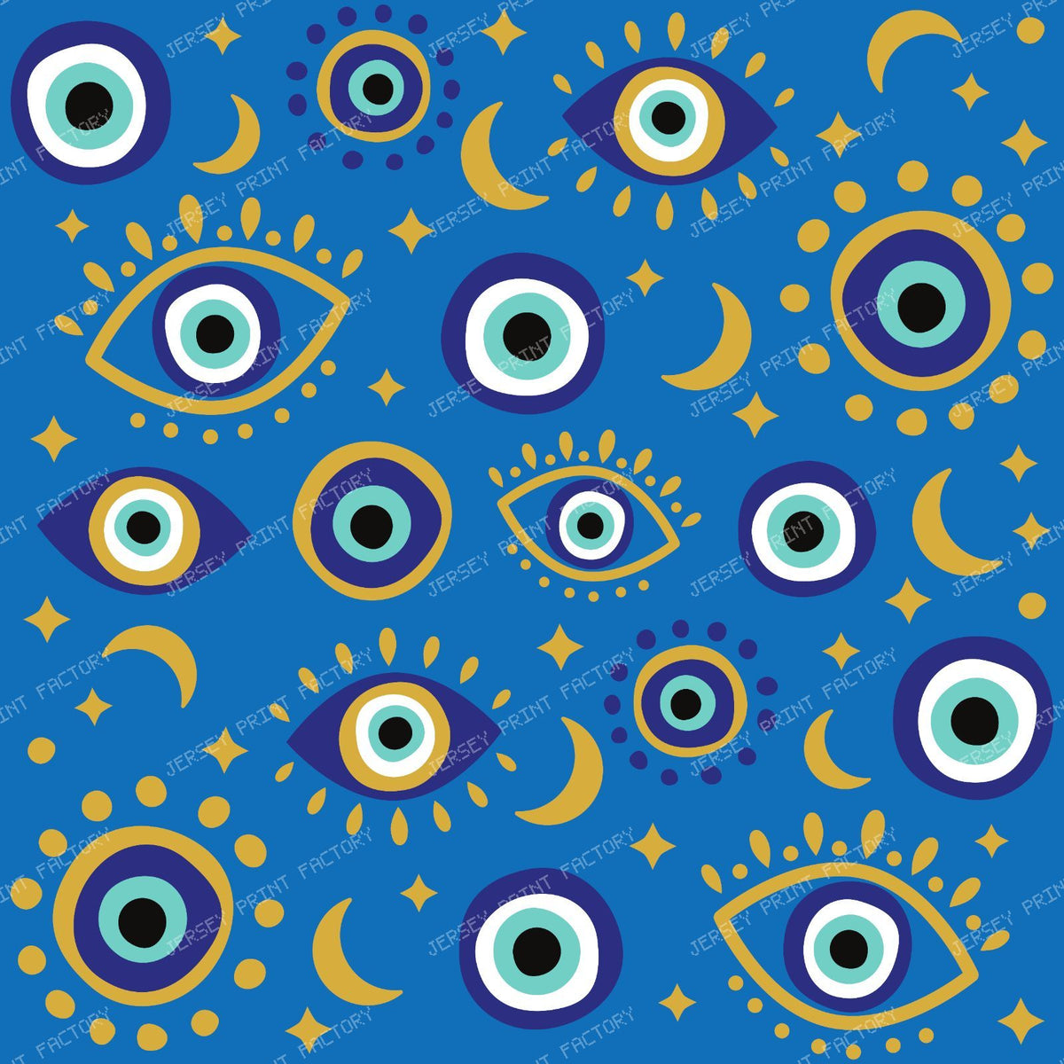 Evil Eye Pattern, Turkish Eye, Nazar, Mati, Mataki, Hamsa, Moon, Stars — Blue