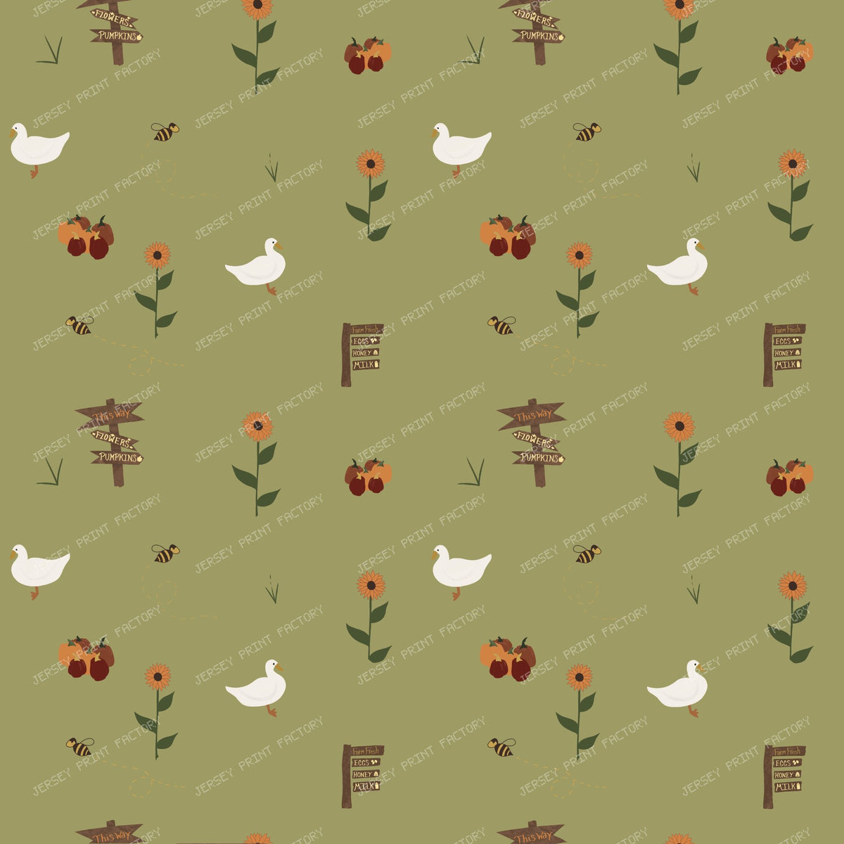 Farm Market Ducks Pumpkins Bees Fall Toss/ Old Harvest Lane olive green