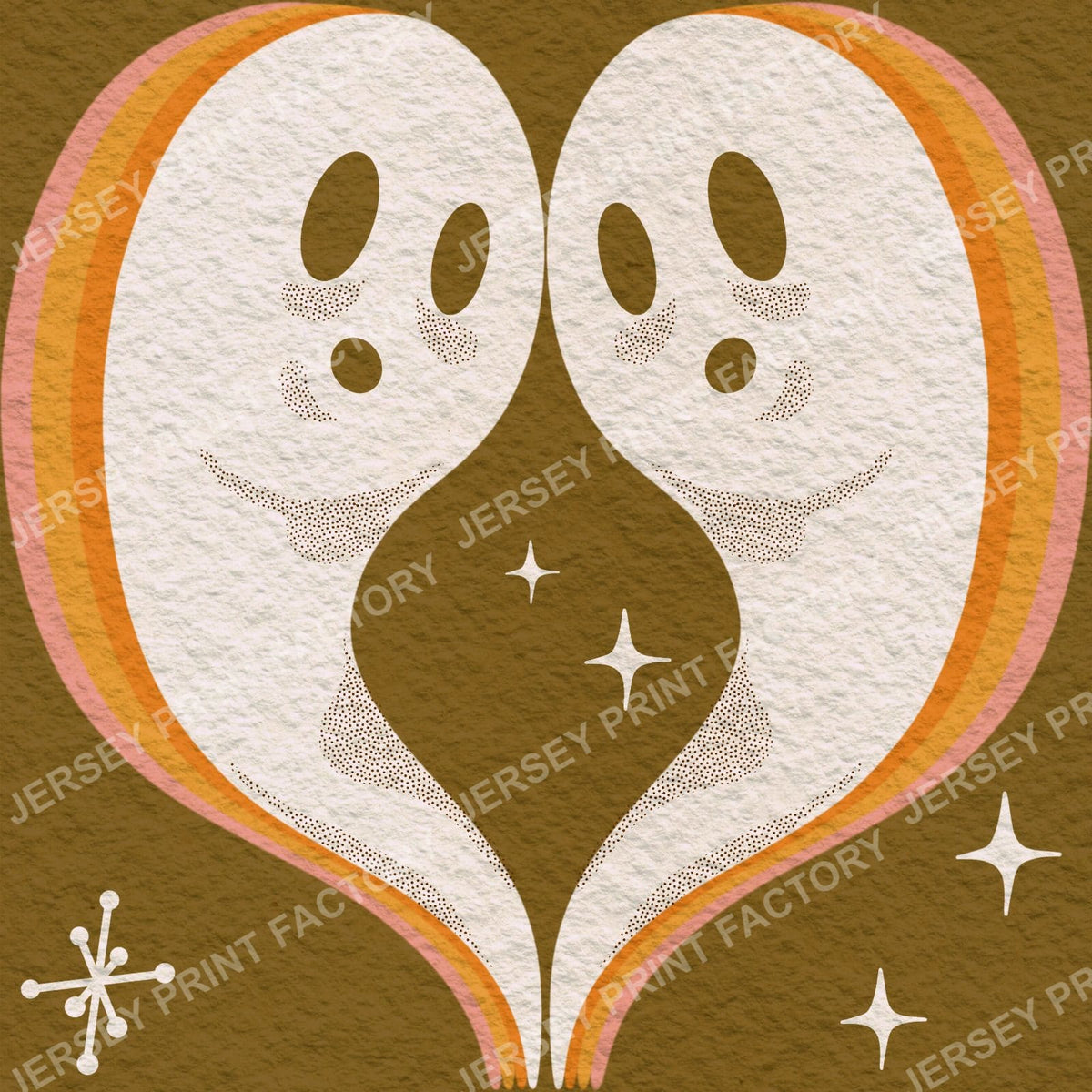 Retro Halloween Ghosts 70s Psychedelic Rainbow Ghost Print Vintage Spooky Mid Century Groovy Halloween Fabric Pattern -Mustard
