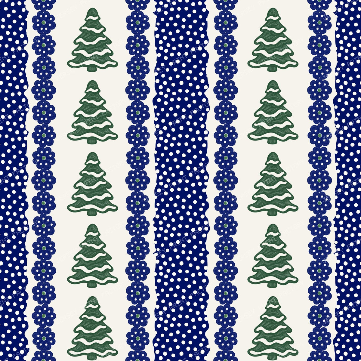 Snowy Pine Trees Folk Art Winter Snowflake Stripes In Green And Navy