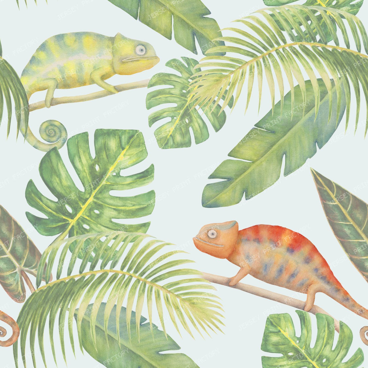 Soft Watercolor Tropical Chameleons Seamless Nursery Pattern