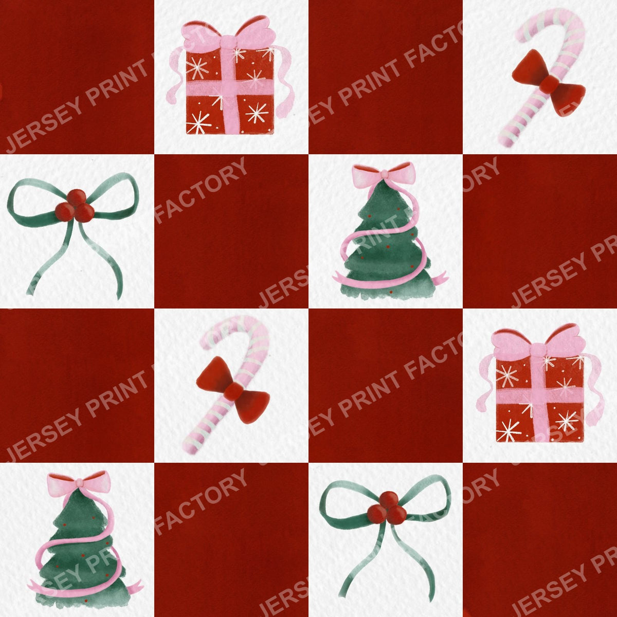 Red Coquette Christmas Checkerboard Ribbons Bows Trees Candy Canes