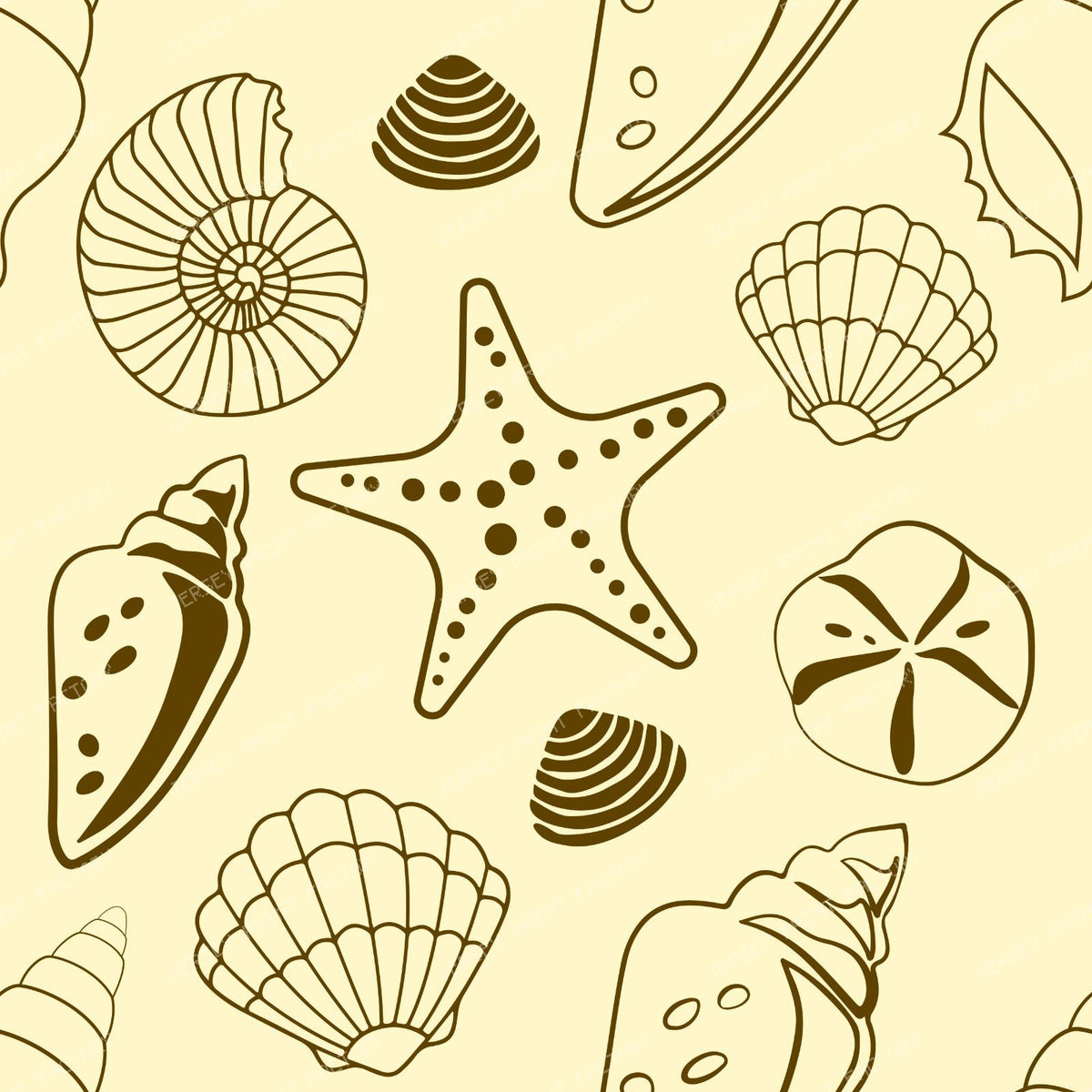 Seashells, Scallops, Conch Shells, Clam Shells, Starfish, Blue — Yellow