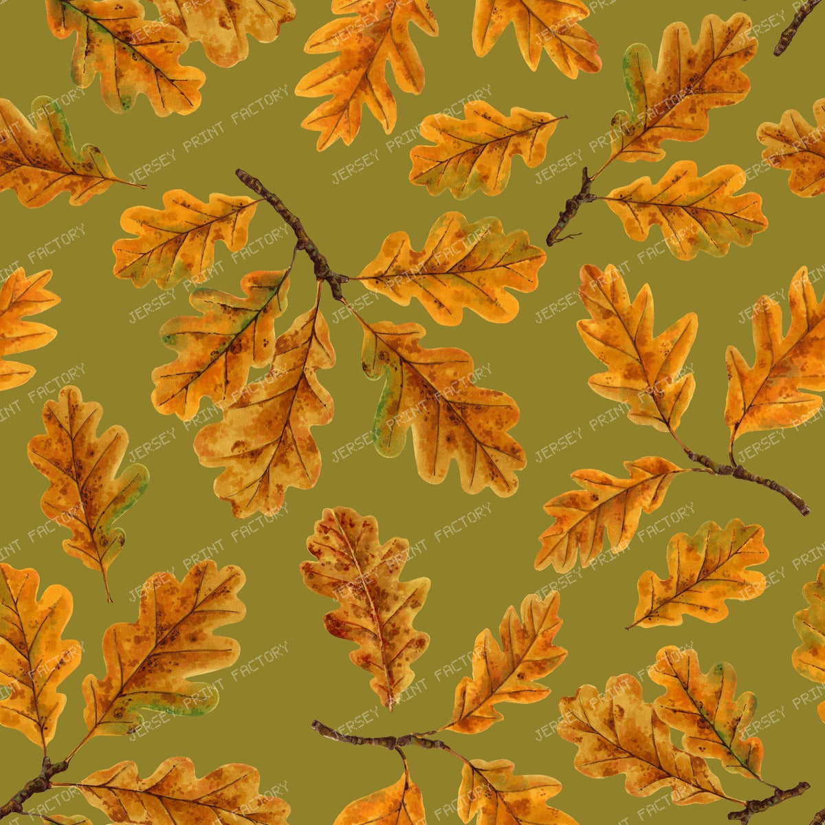 Autumnal oak leaves on cream — on moss green