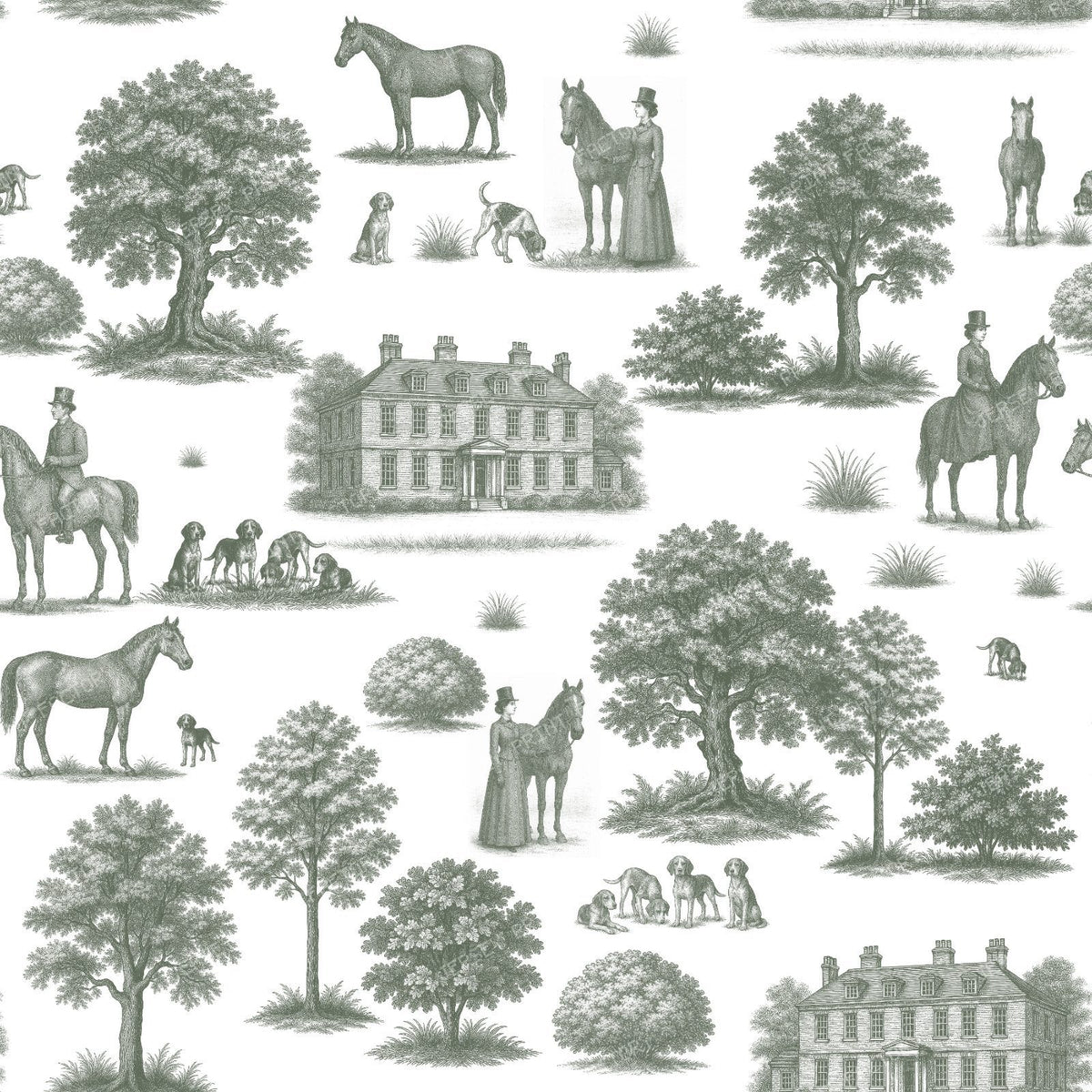 Vintage Blue and White Toile de Jouy with English Country Houses and Horses - Blue — Green