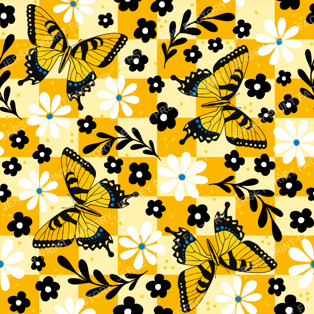 Yellow TigerSwallowtail Butterfy Floral Checkerboard