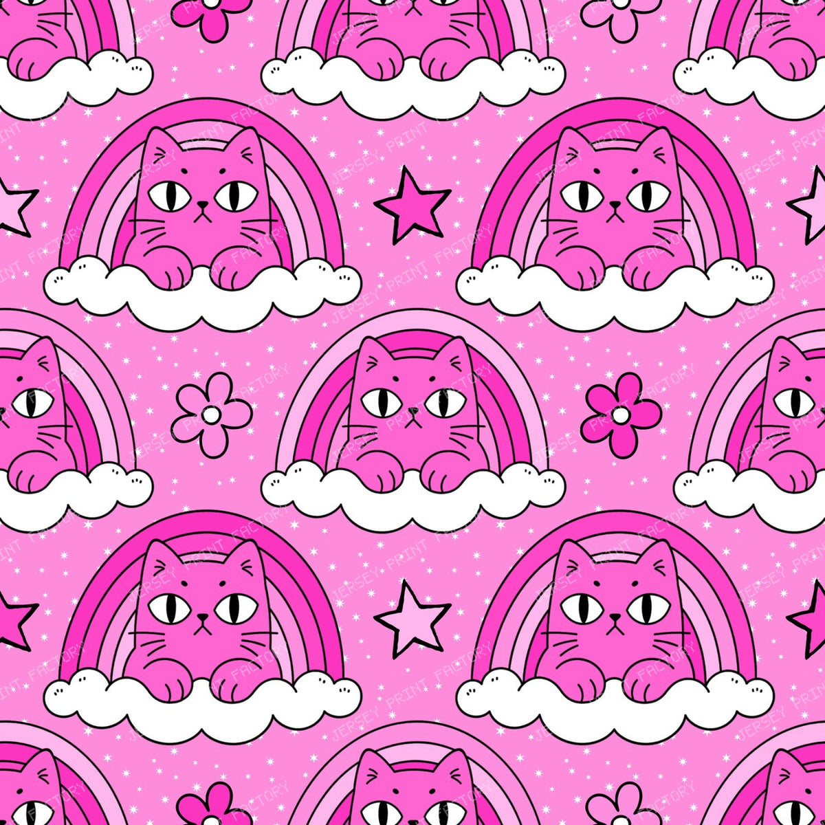 Funny Pink Grumpy Cat in Rainbow Cloud
