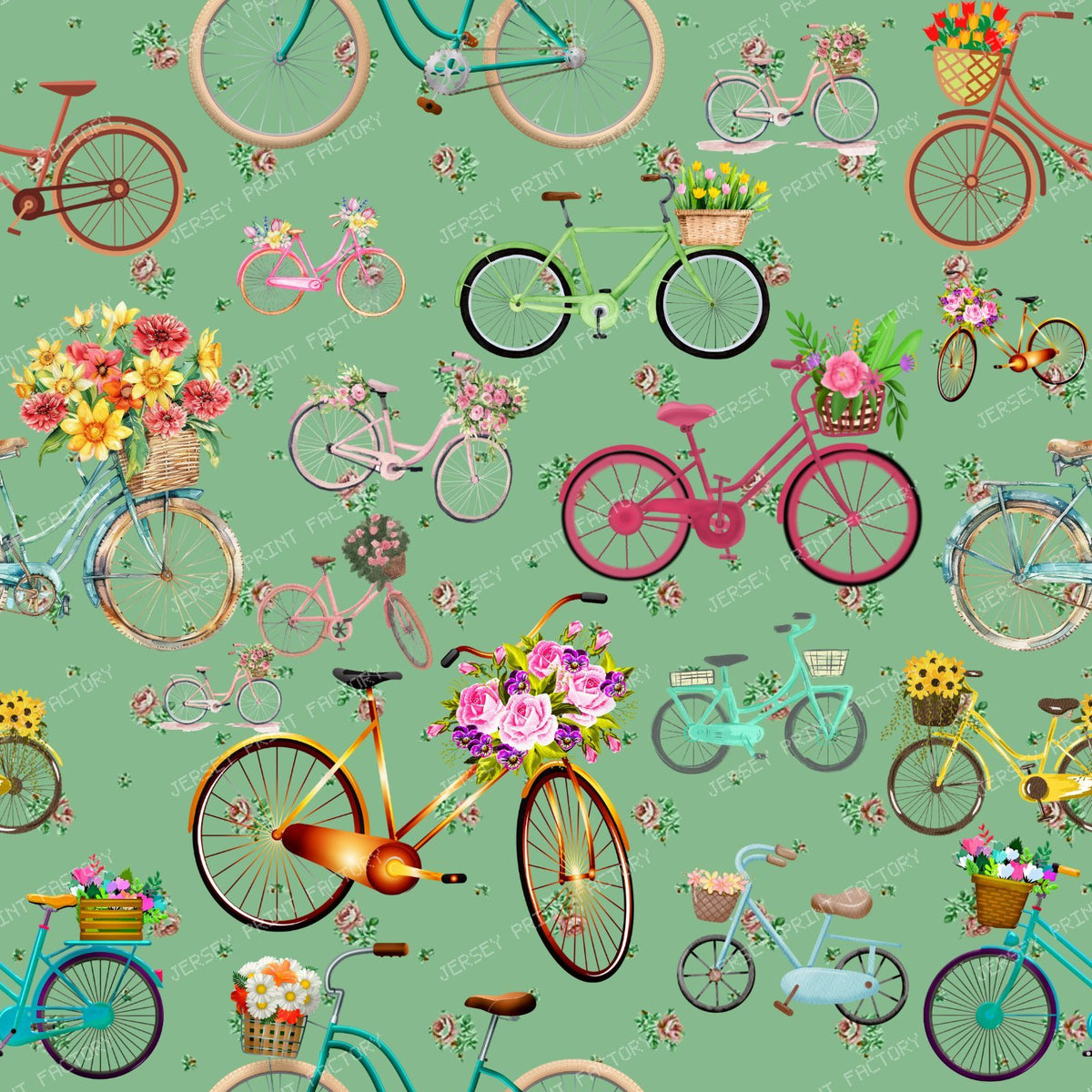 Pedal Bikes and Flower Baskets Tea Roses Dark Green