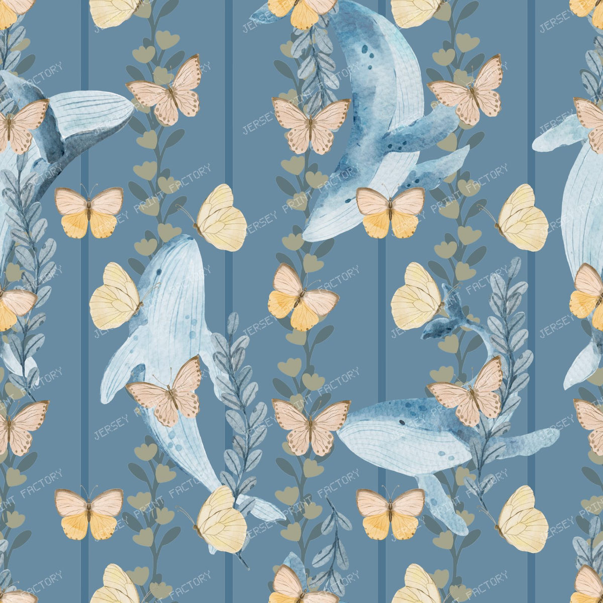 Blue Humpback Whales and Butterflies Striped Pastel - Soft Blue