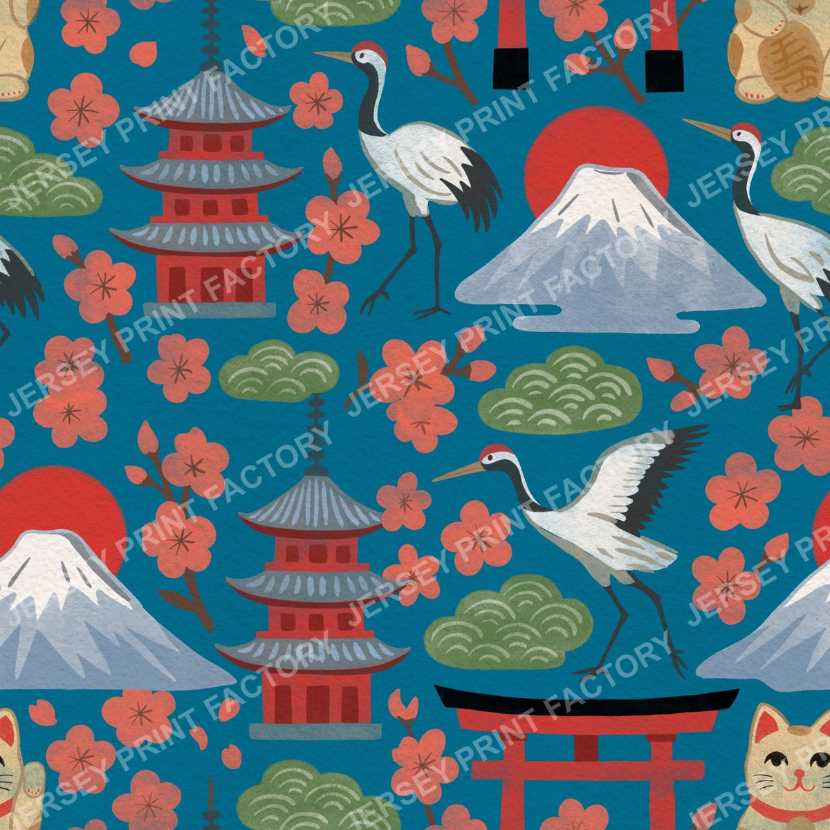 Springtime Japan in Traditional Colours on Teal Blue