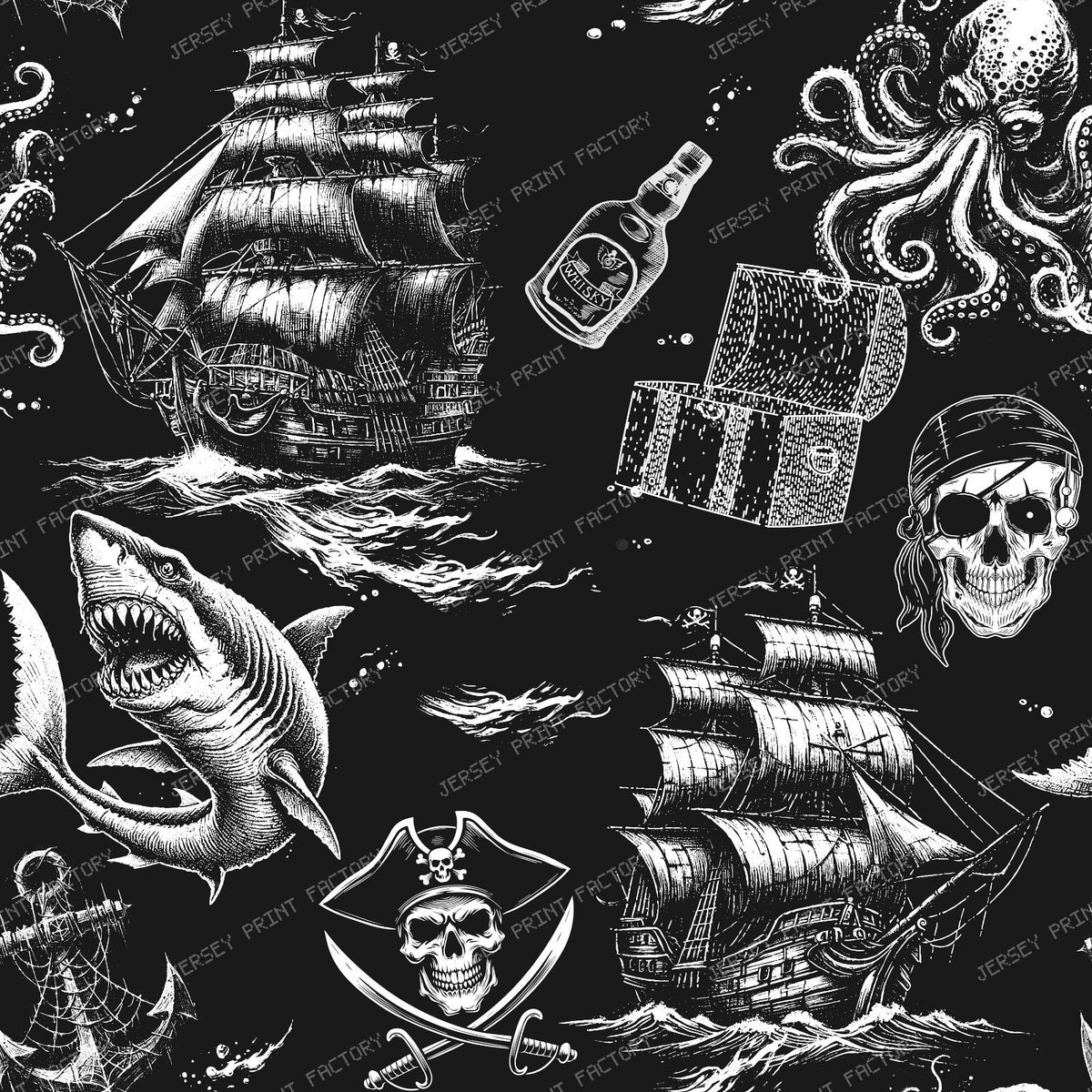 Pirate Legend Dark Coastal Monochromatic Toile Pattern - Black