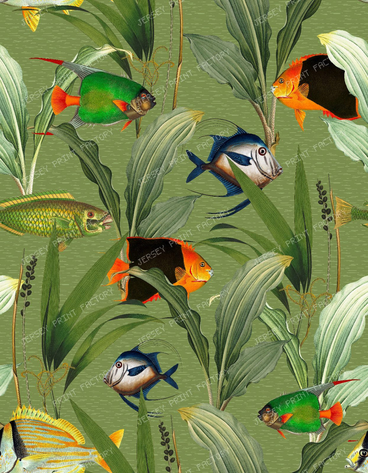 Vintage Tropical Fish Swimming Through Lush Aquatic Plants and Seaweed - Light Turquoise — Green