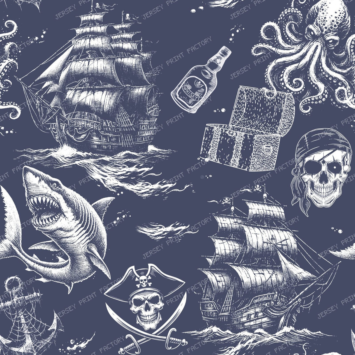 Pirate Legend Dark Coastal Monochromatic Toile Pattern - Navy