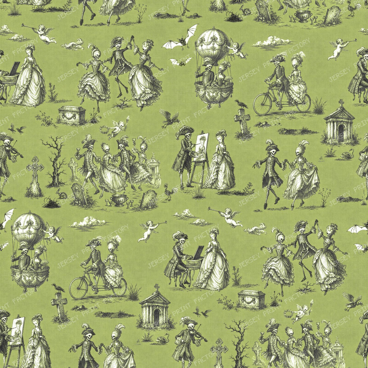 DANSE MACABRE TOILE – CHARCOAL & IVORY ON CHARTREUSE – LARGE SCALE