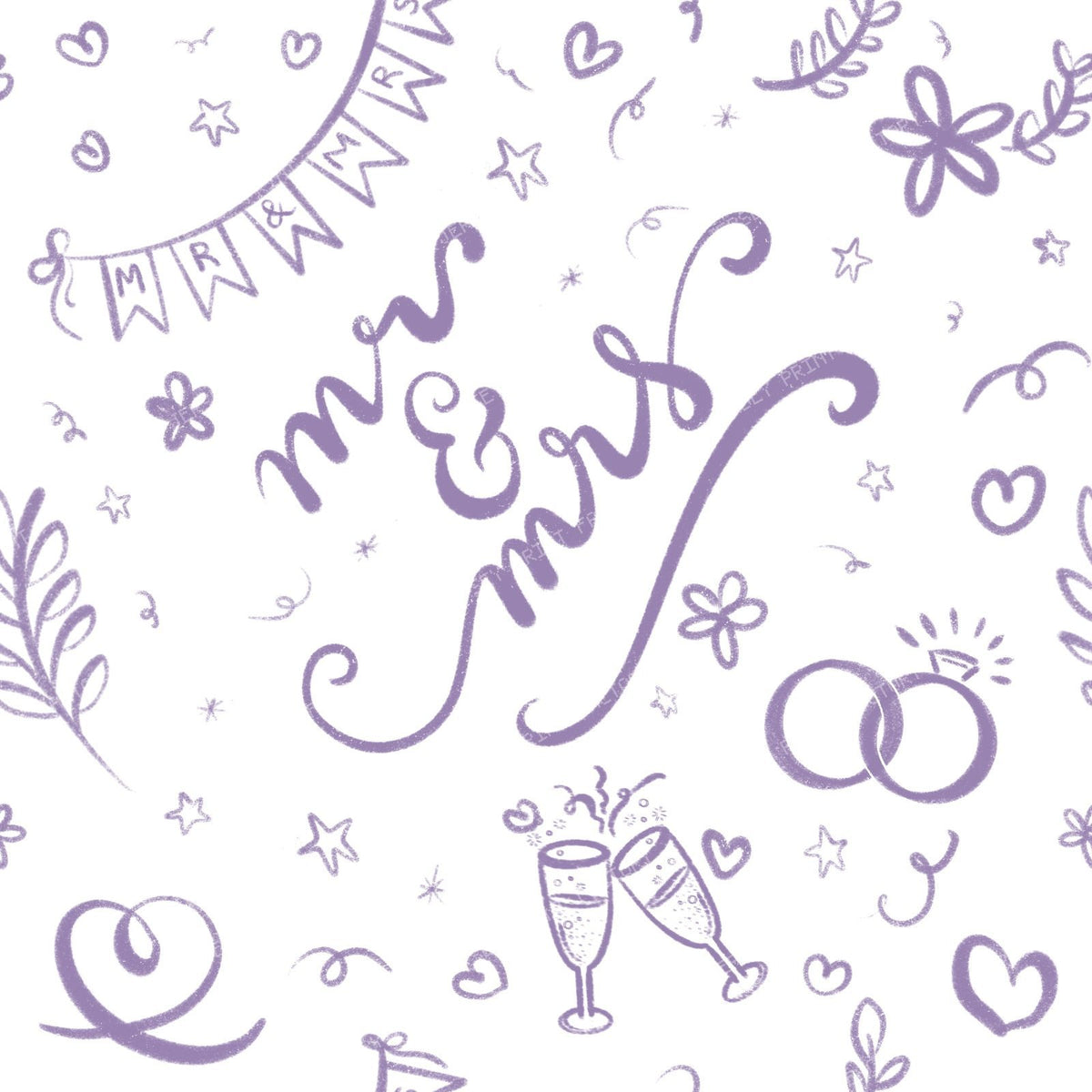 Mr & Mrs Wedding Doodles in Sage Green, engagement, bride, groom, i do — Pastel Purple