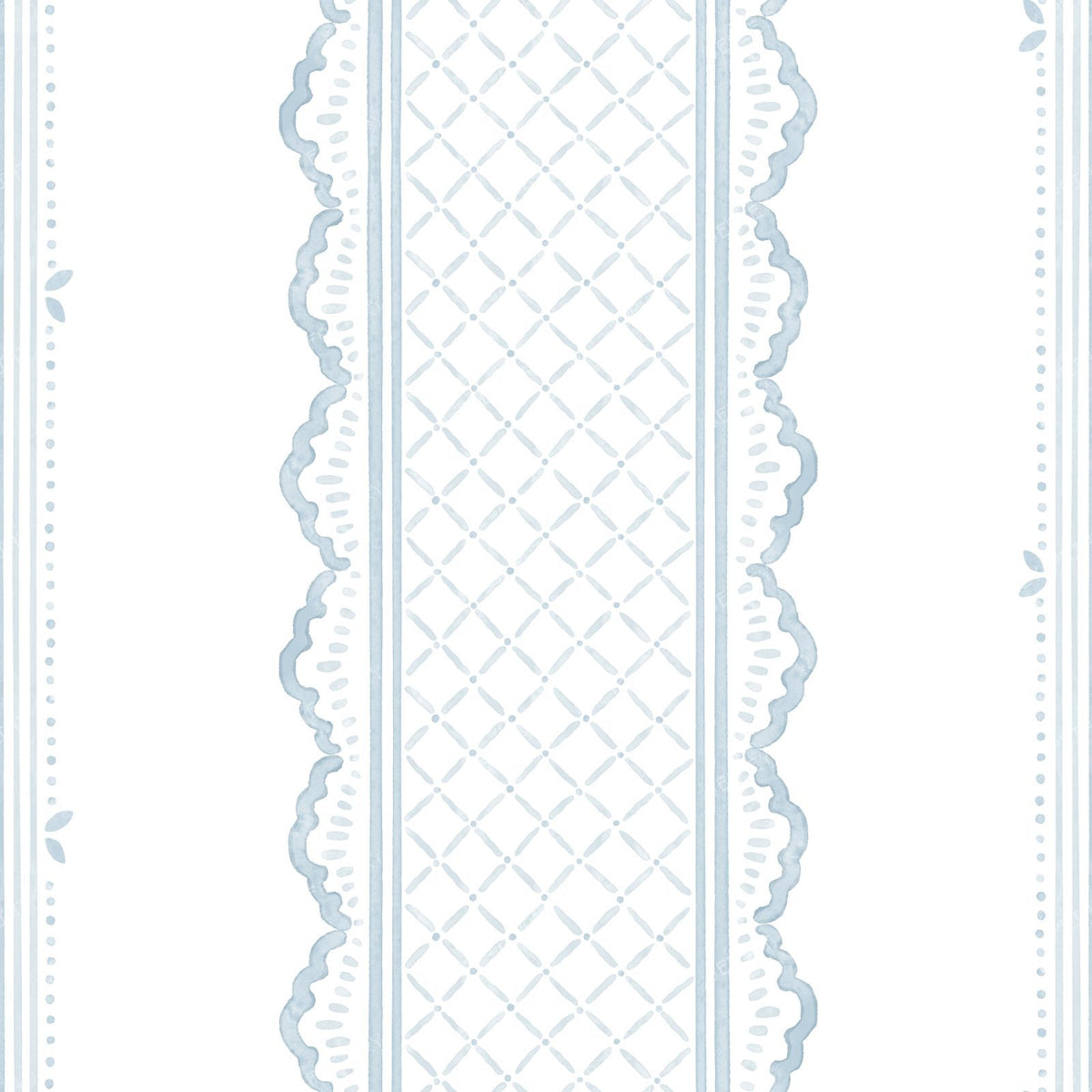 Lace Stripe Floral Grandmillennial Cottage - Light Blue and White