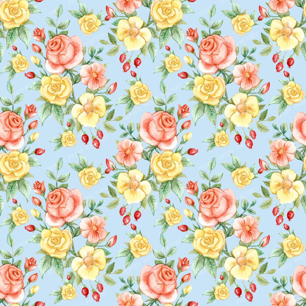 Orange Roses, Yellow Roses, Floral Pattern, Rosebud, Leaves — Blue