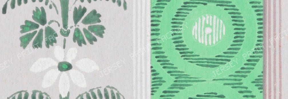 Stripes of circles and flowers in Arsenic green