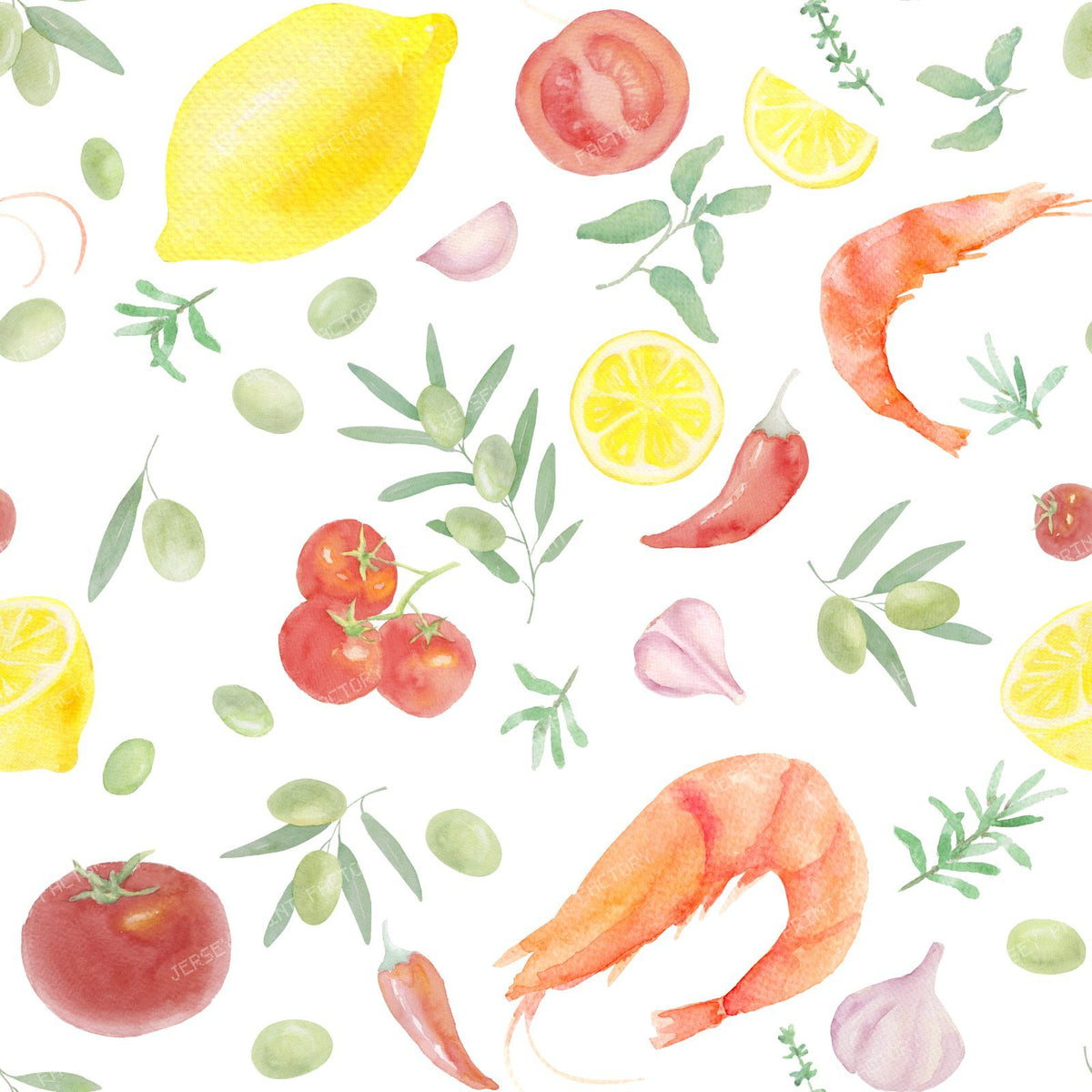 Mediterranean Cuisine Watercolor Seamless Pattern with Shrimp, Lemons and Tomatoes