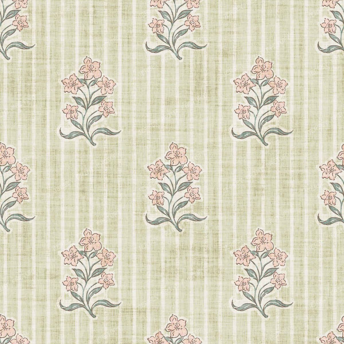 Agatha Vintage Striped Block Print Floral Light Green & Pink