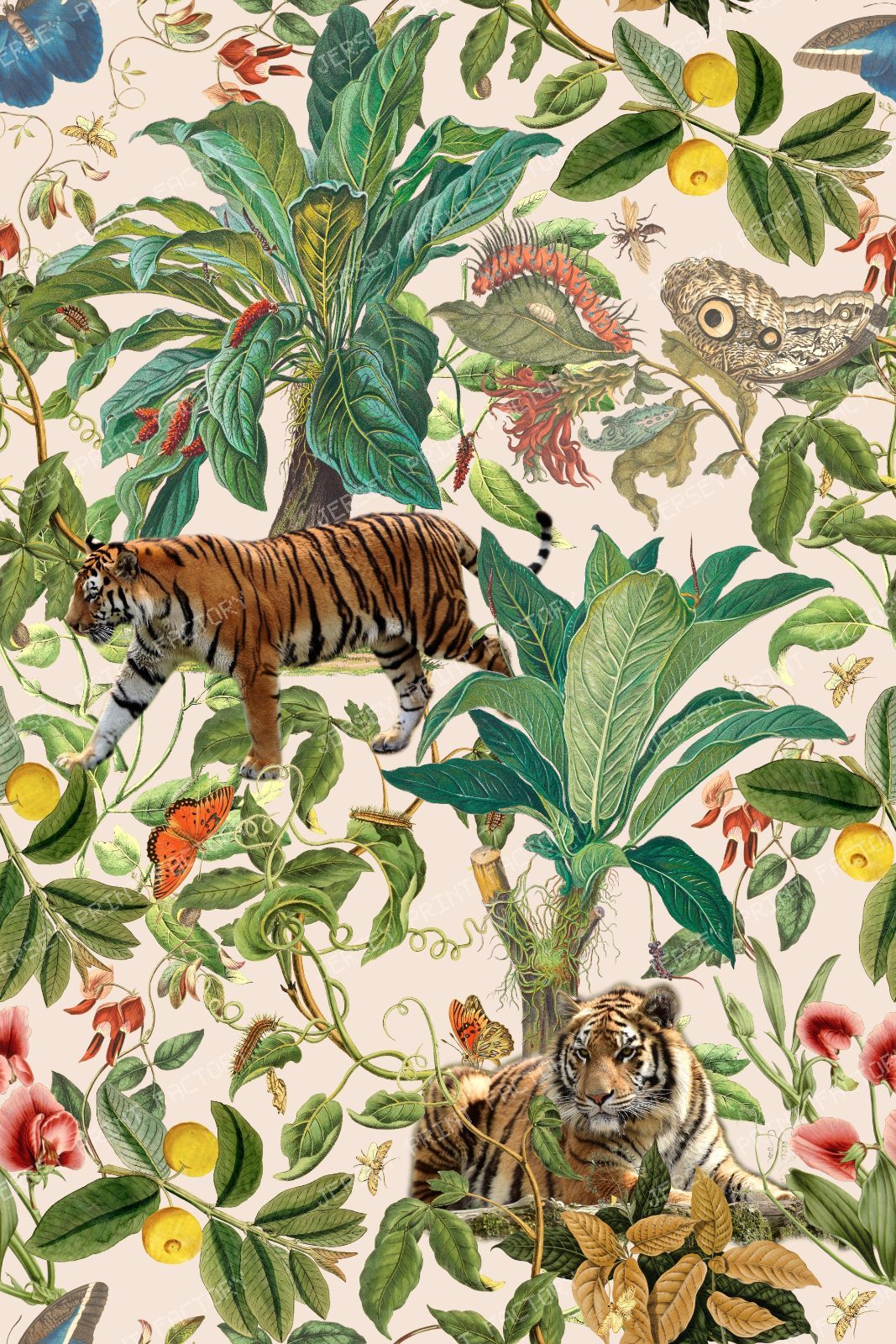 Tiger In The Tropical Jungle Maximalist Vintage Chic Botanical Pattern - Light