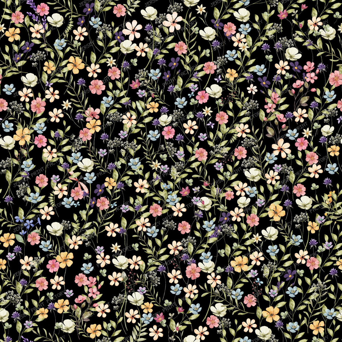 Tiny flowers garden - Watercolor flowers on black background - scale xxs