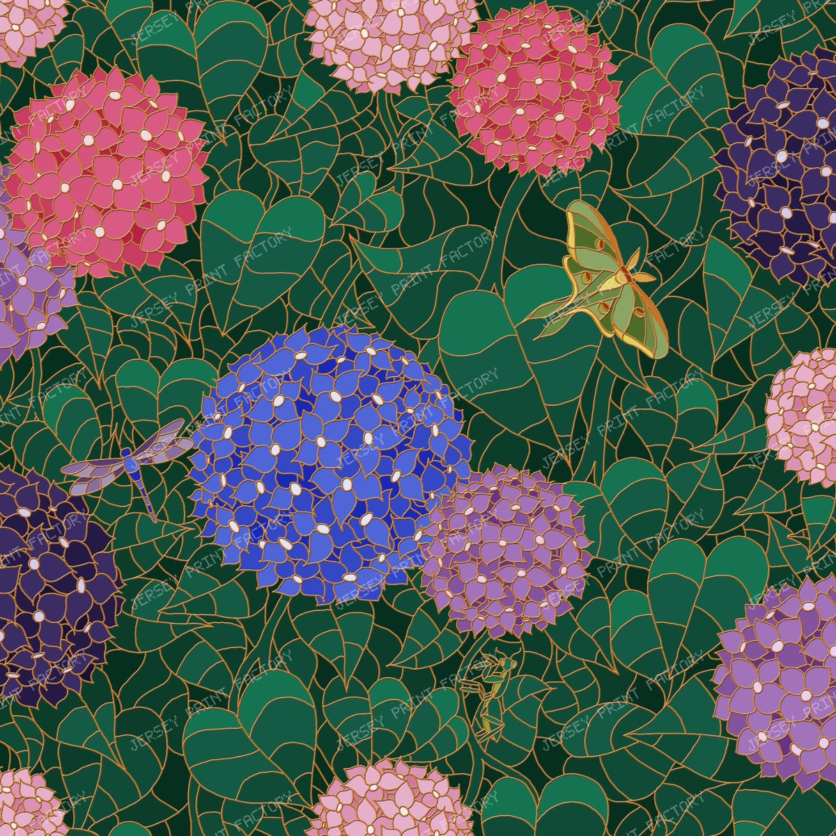 Stained Glass Hydrangea Garden — Sunlit Bronze with Luna Moth