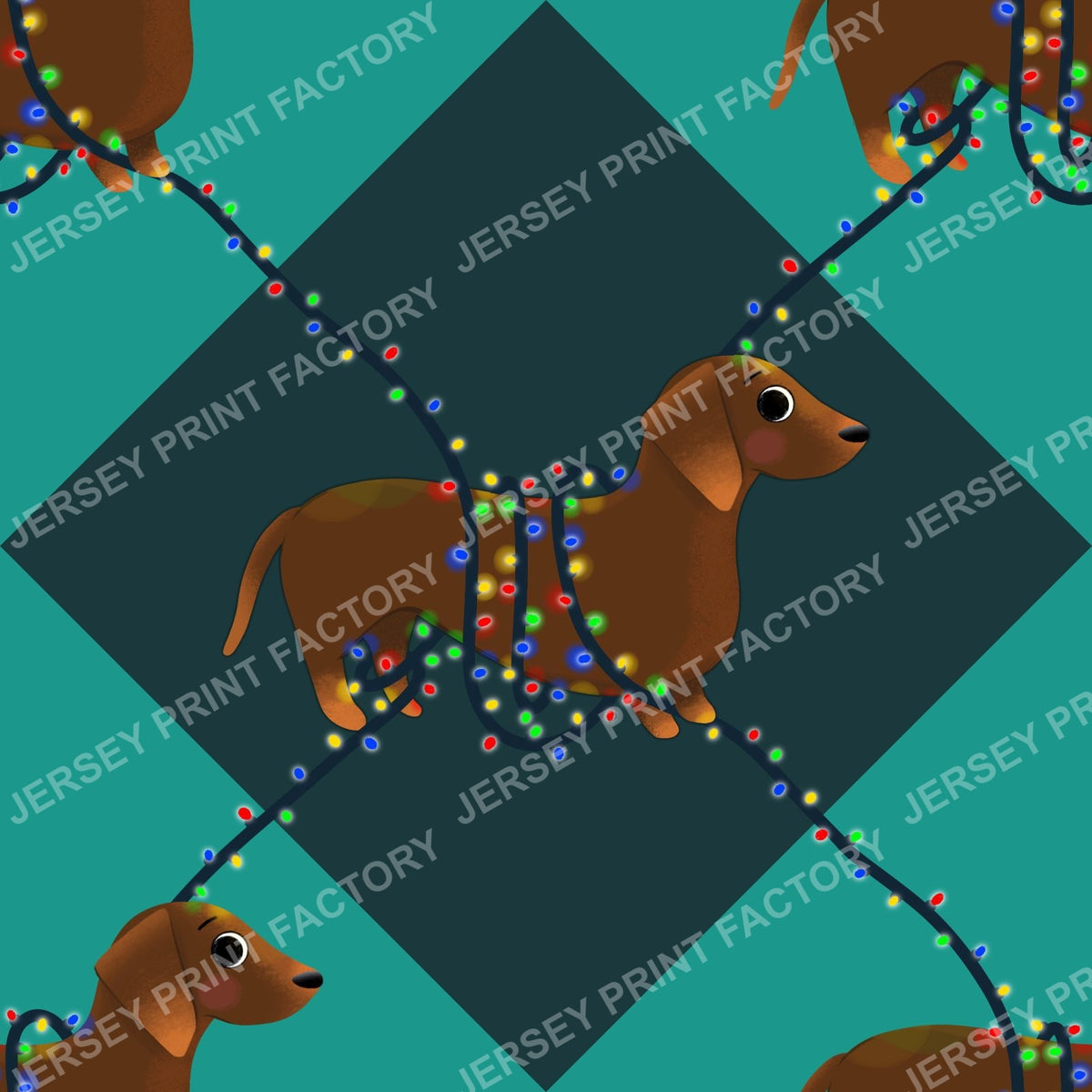 Sausage Dog in String Lights - Winter Weiner Festive Diamonds on Teal