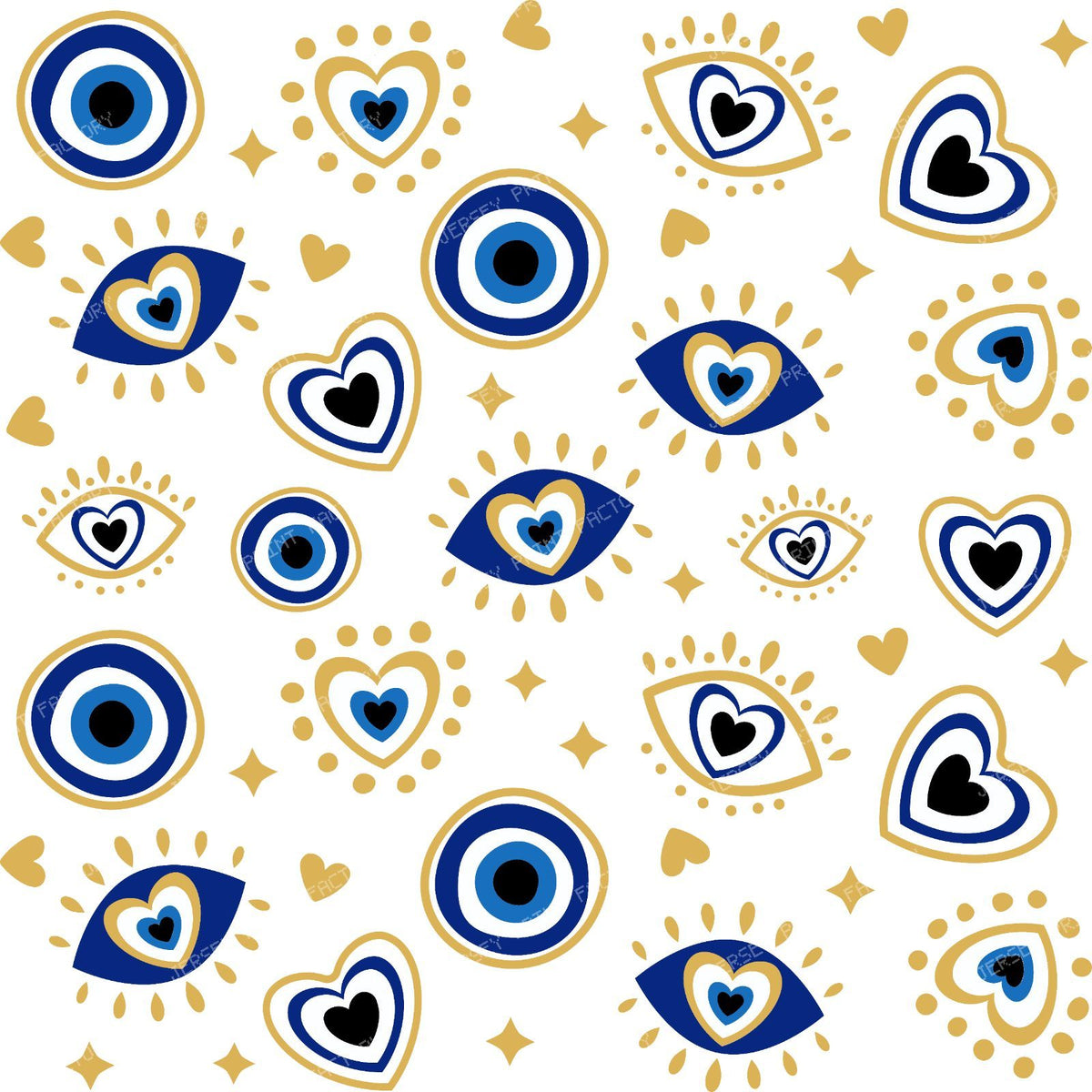 Evil Eye Pattern, Turkish Eye, Mati, Nazar, Hearts, Blue, Gold — White 2