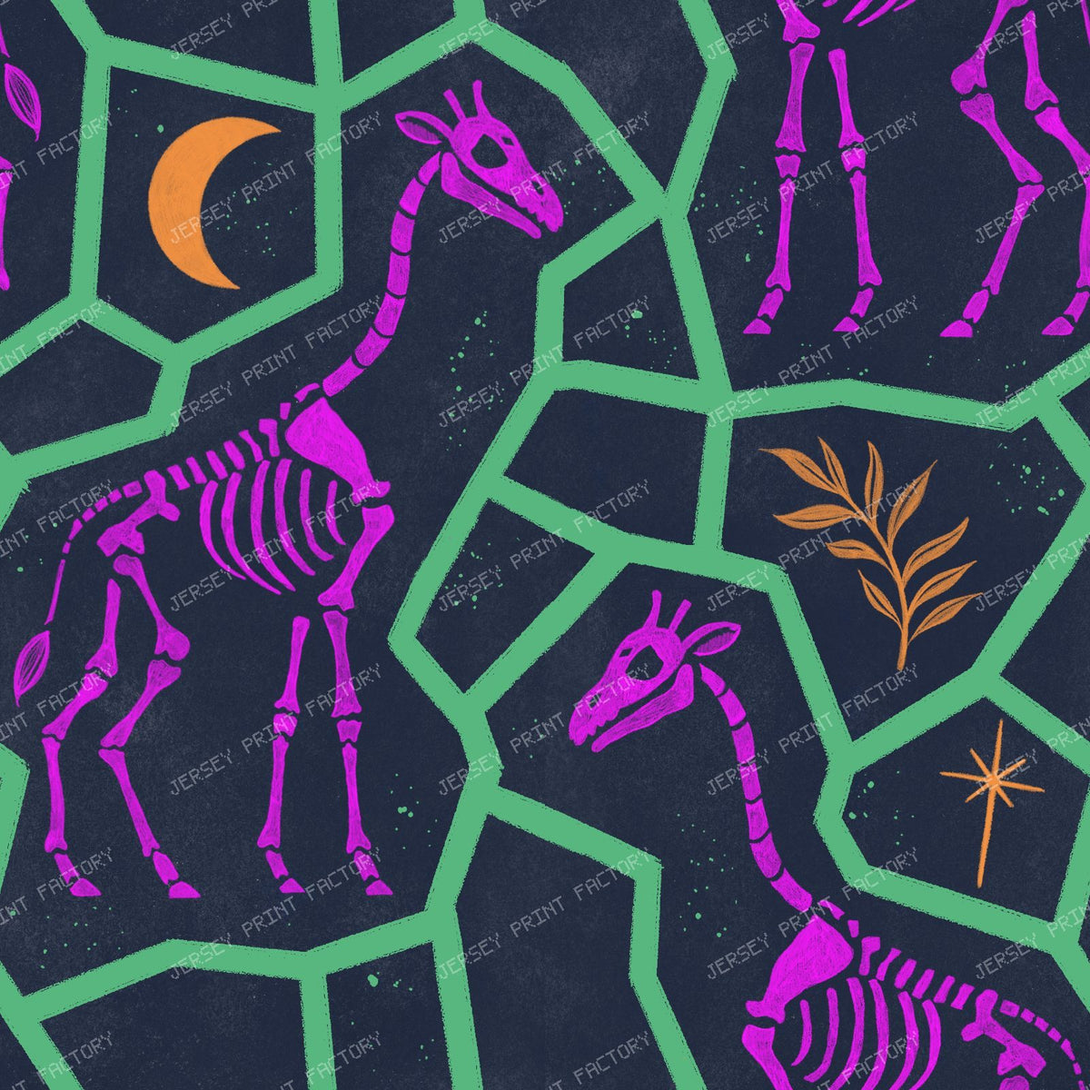 Giraffe Skeleton Animal Print - Dark Fossil Animal Print with Moon and Star monochrome — Neon Pink and Green