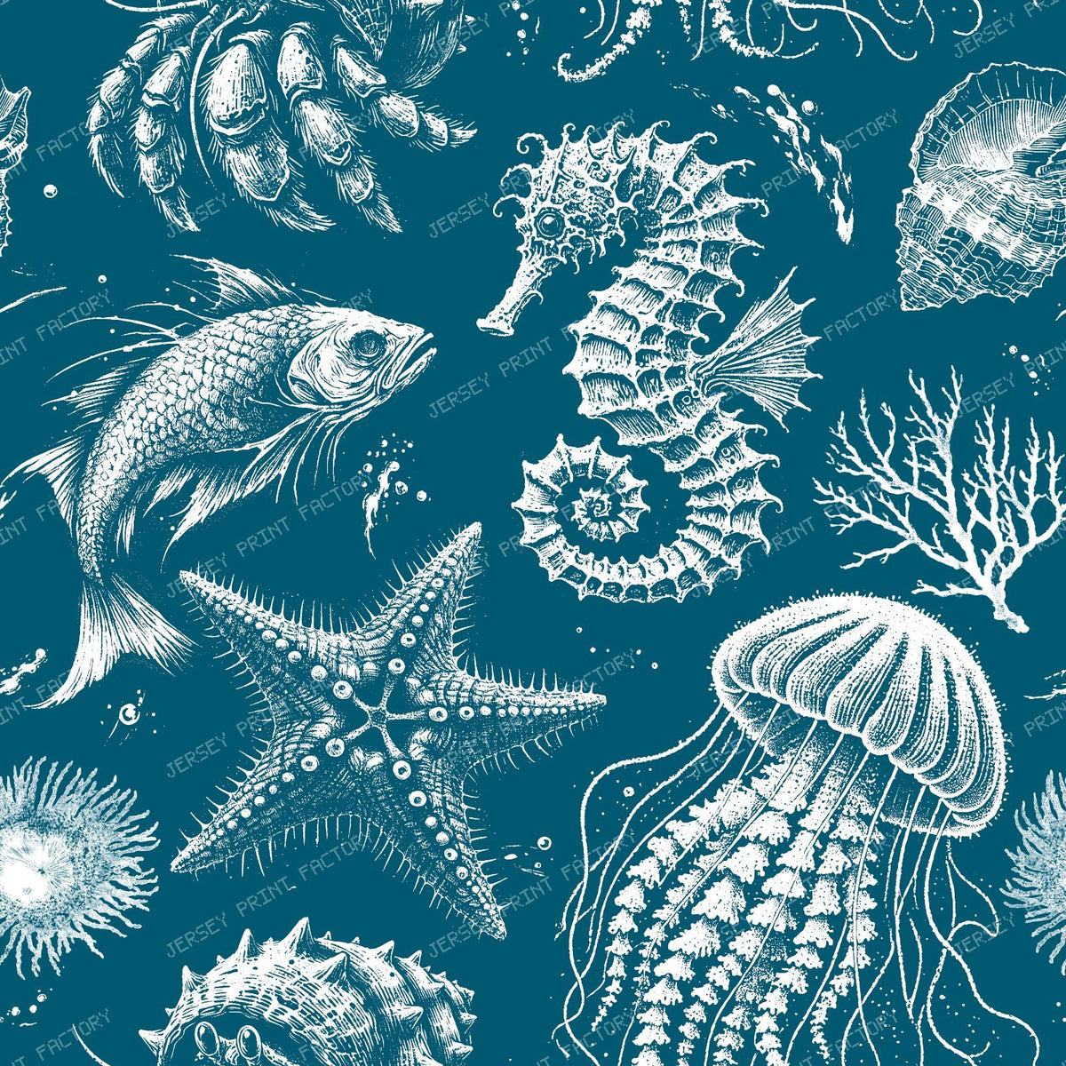 Sea Creatures Dark Cottegecore Coastal Monochromatic Teal Pattern