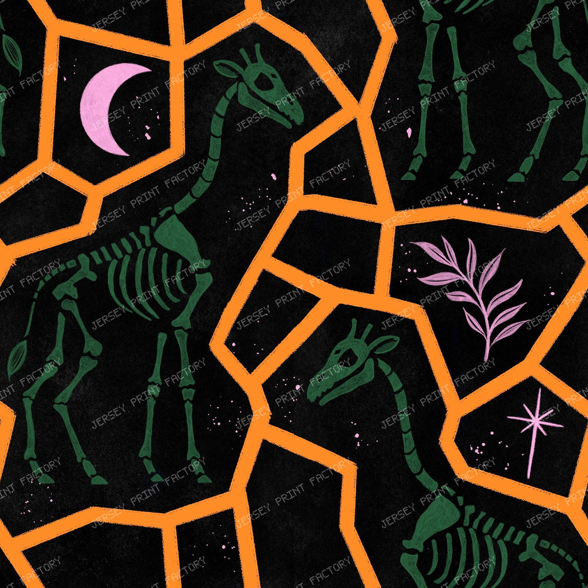 Giraffe Skeleton Animal Print - Dark Fossil Animal Print with Moon and Star monochrome — Orange and Green