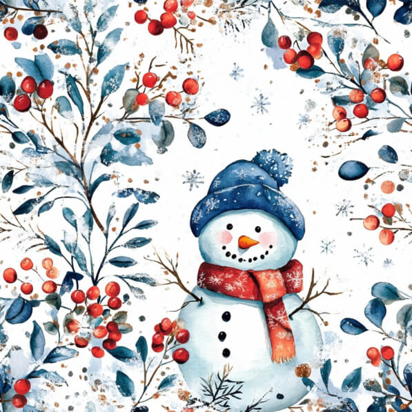 Cute Watercolor Snowman and Winter Berries Seamless Pattern