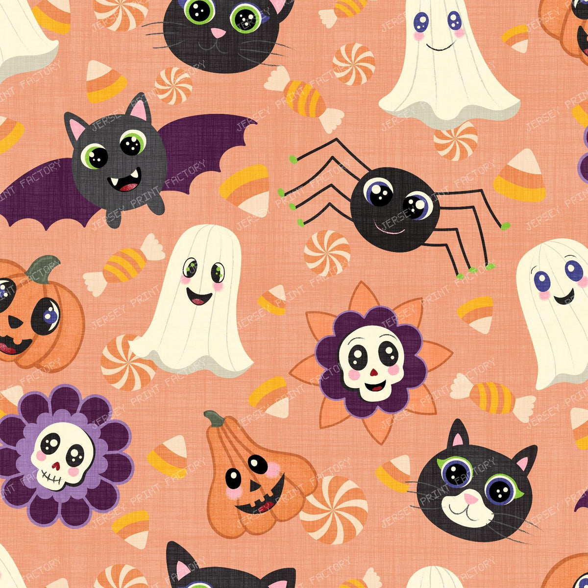Cute Halloween cats bats ghosts pumpkins with peach background