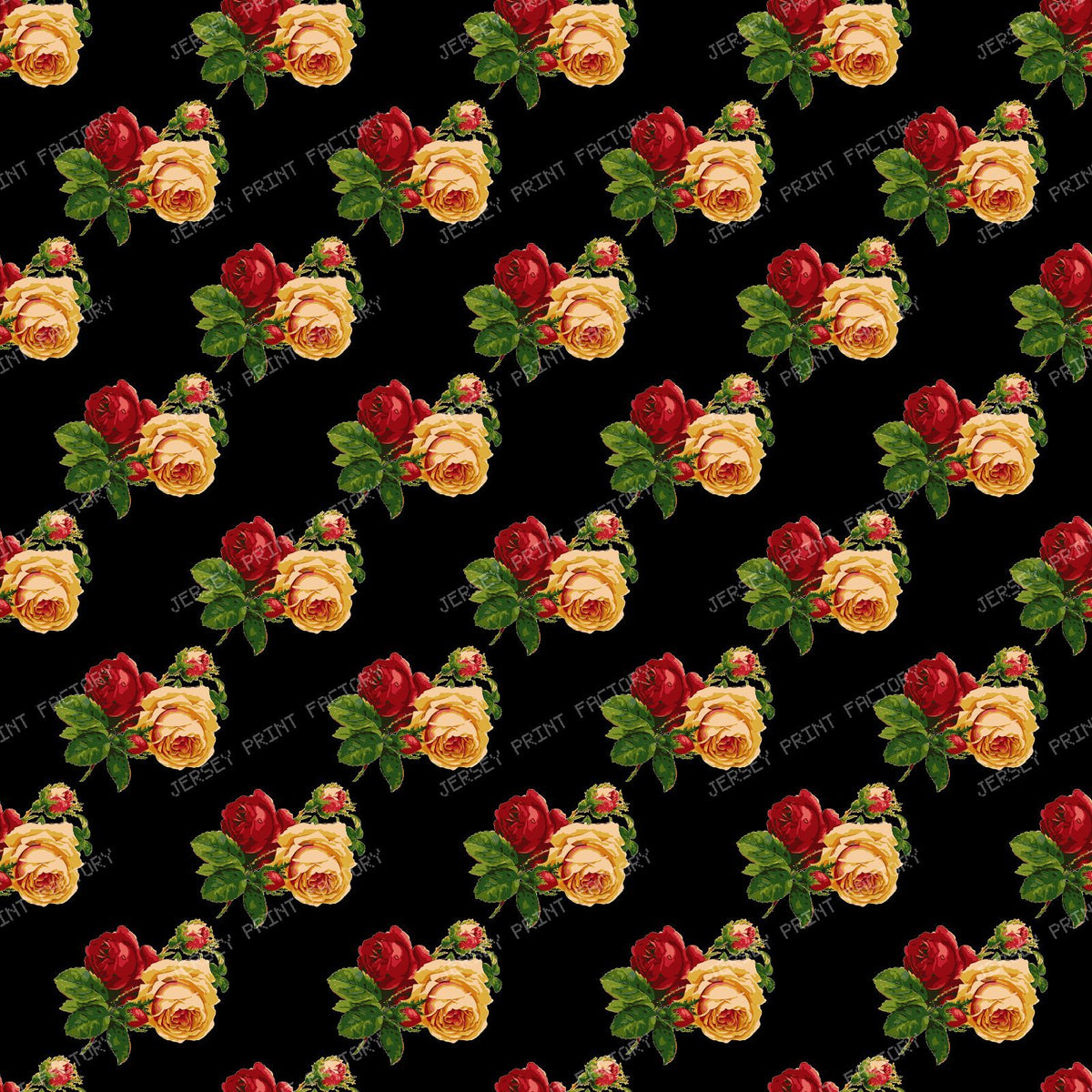 Red Roses, Yellow Roses, Floral Pattern, Leaves, Boho — Black