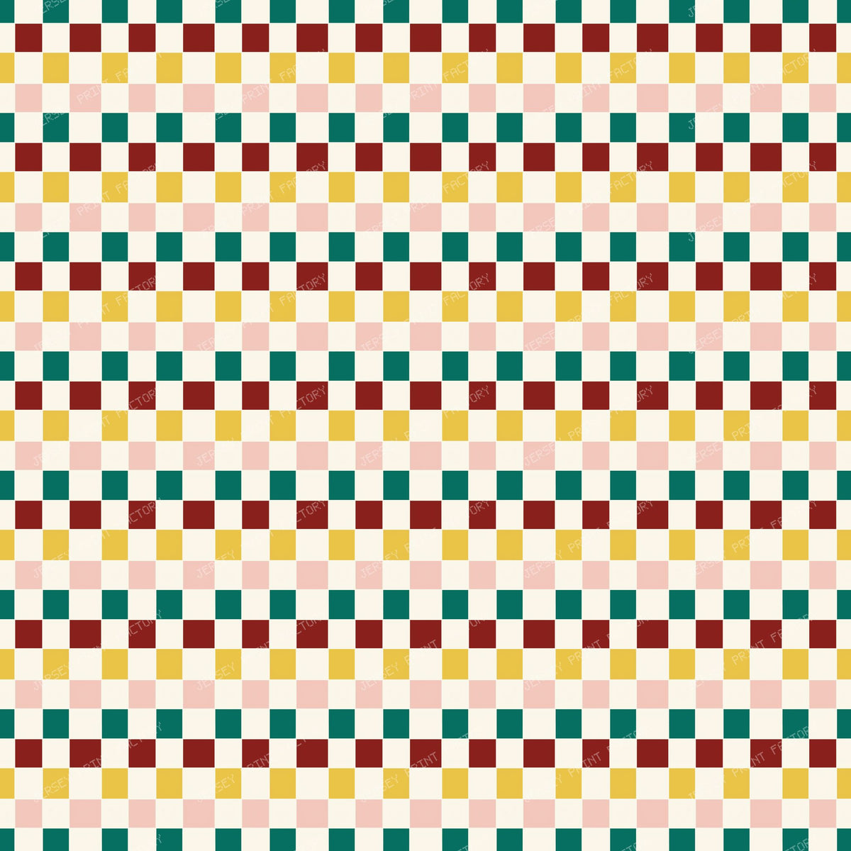 Irregular Checkerboard -Cream Pine Green Burgundy Mustard Pink