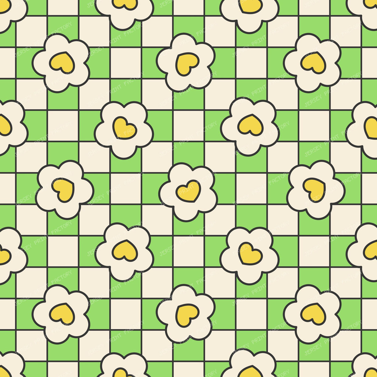 Flowers with Hearts Checkered Retro Pattern Cream on Green