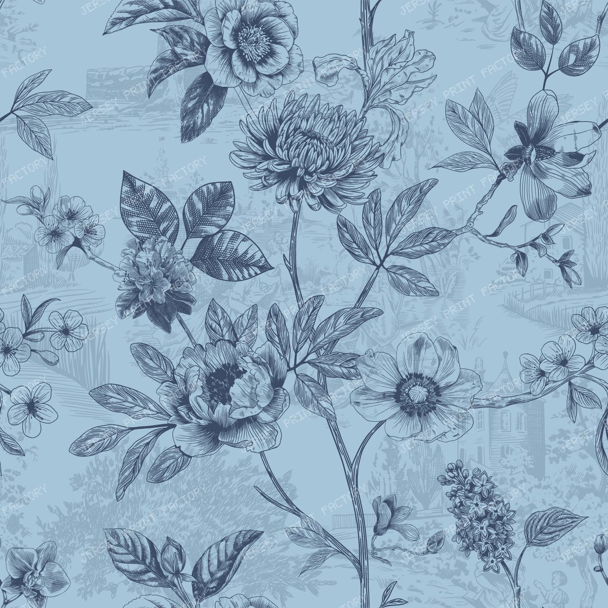 Country Roses Floral Vines Pen and Ink French Provincial - Denim Blue