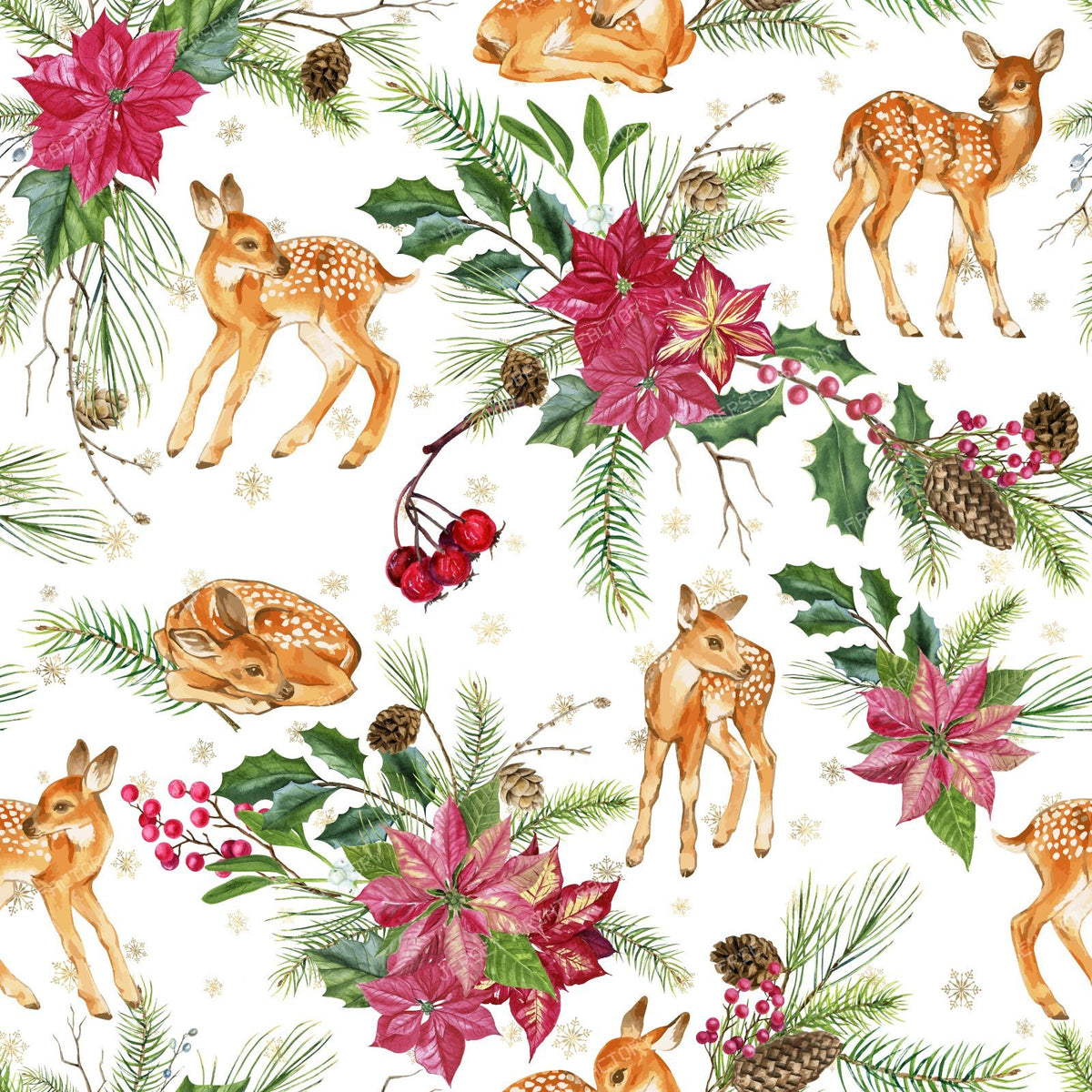 Cute Deer with Holly Plant and Poinsetia Flower Christmas Holiday Pattern