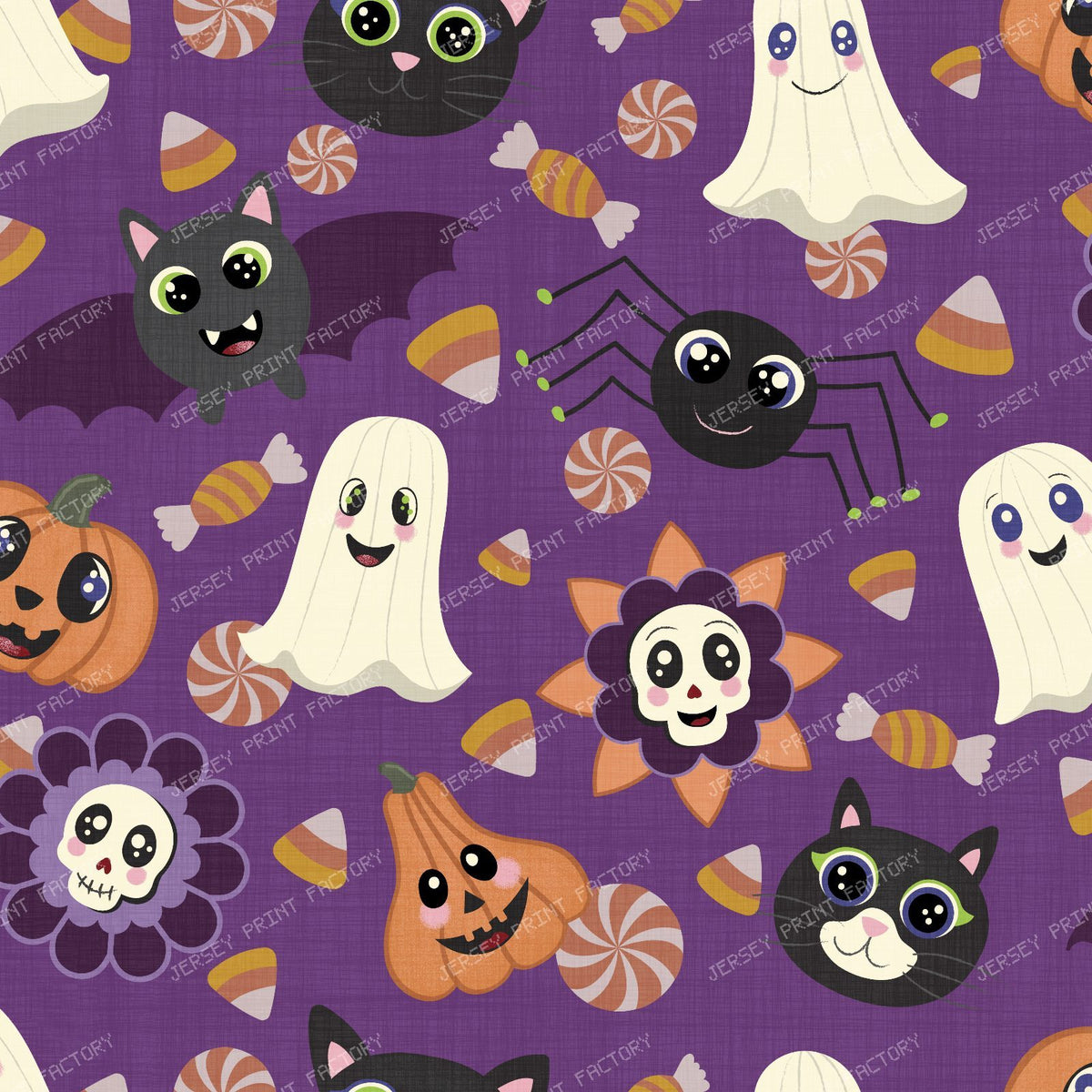 Cute Halloween cats bats ghosts pumpkins purple