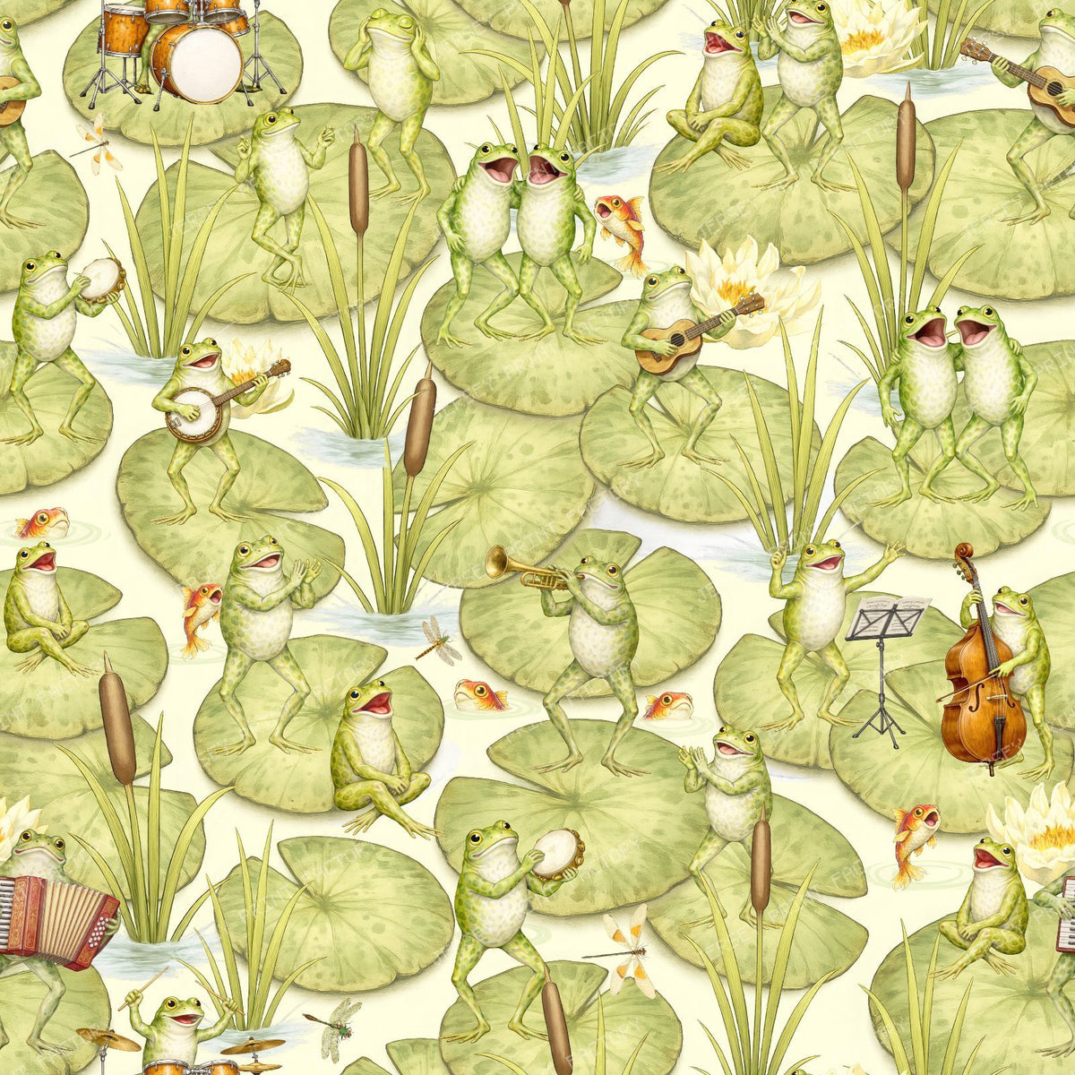 Whimsical Vintage Musical Frogs Playing Instruments on Lily Pads in a Pond - Light BLue — Yellow